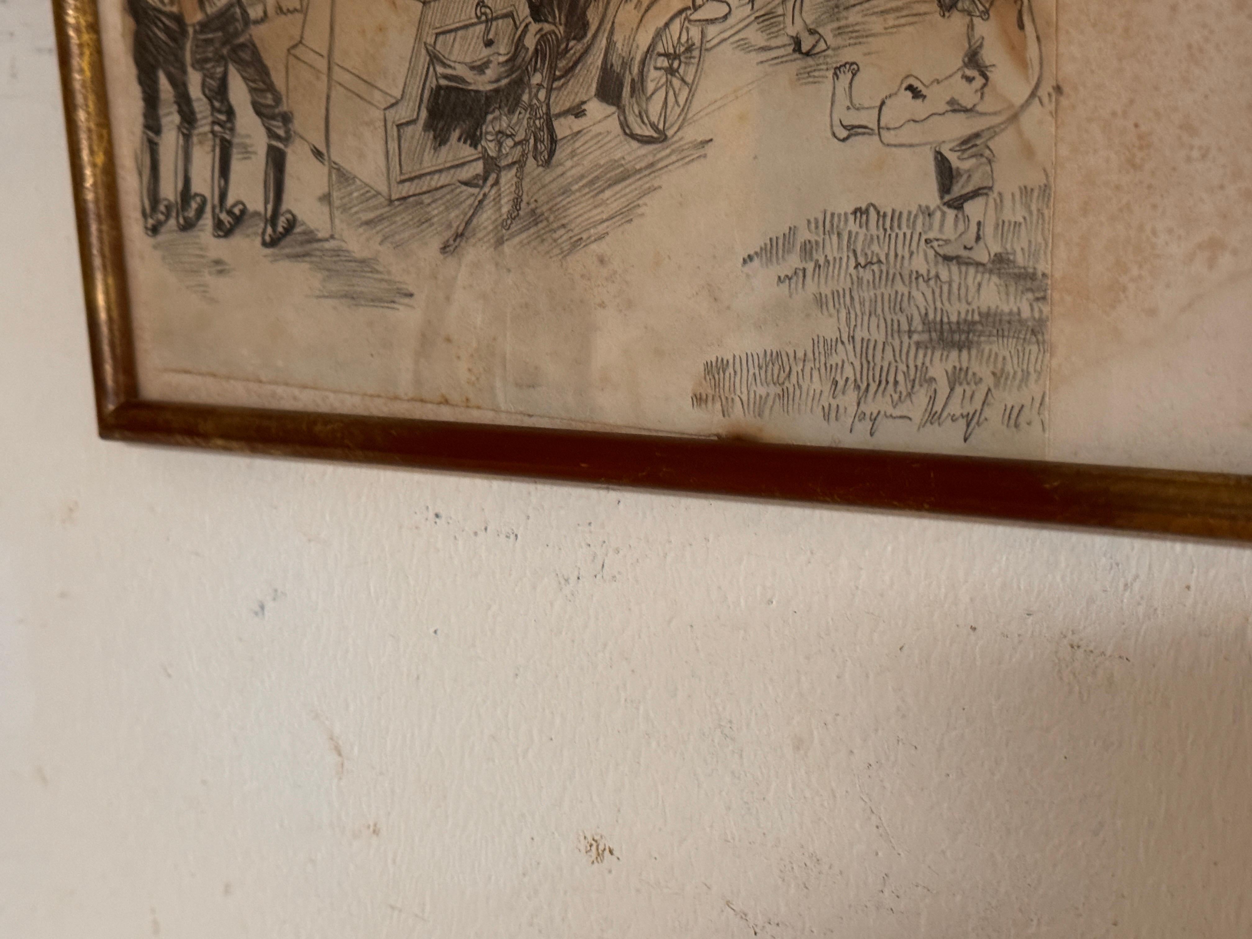 Dessin de caricature représentant des personnages dans un carrosse France 20e siècle.
Quelques décolorations du papier, voir les photos détaillées.