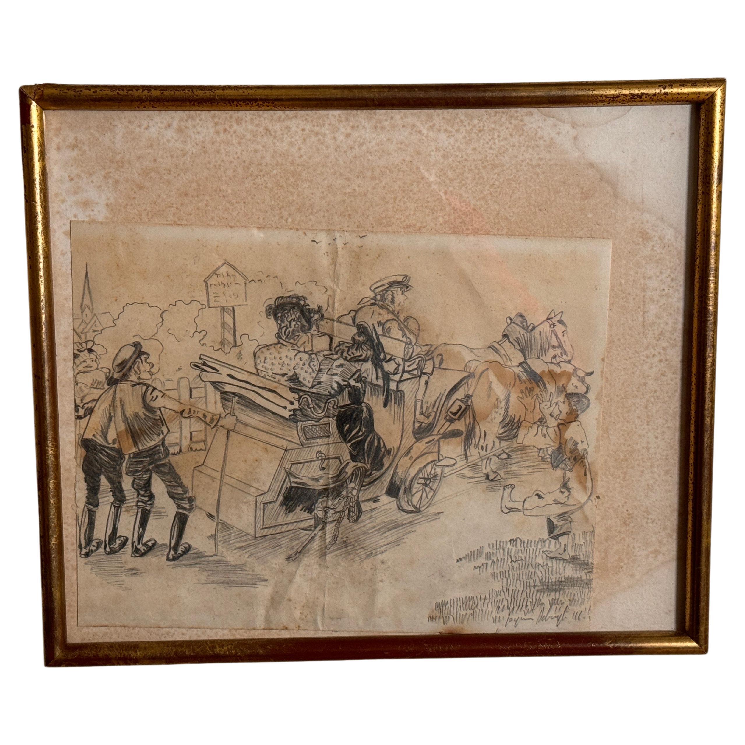 Dessin de caricature représentant des personnages sur une charrette France 20ème siècle en vente