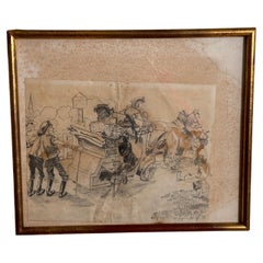 Vintage Caricature Drawing Representing Characters in a carriage France 20th Century