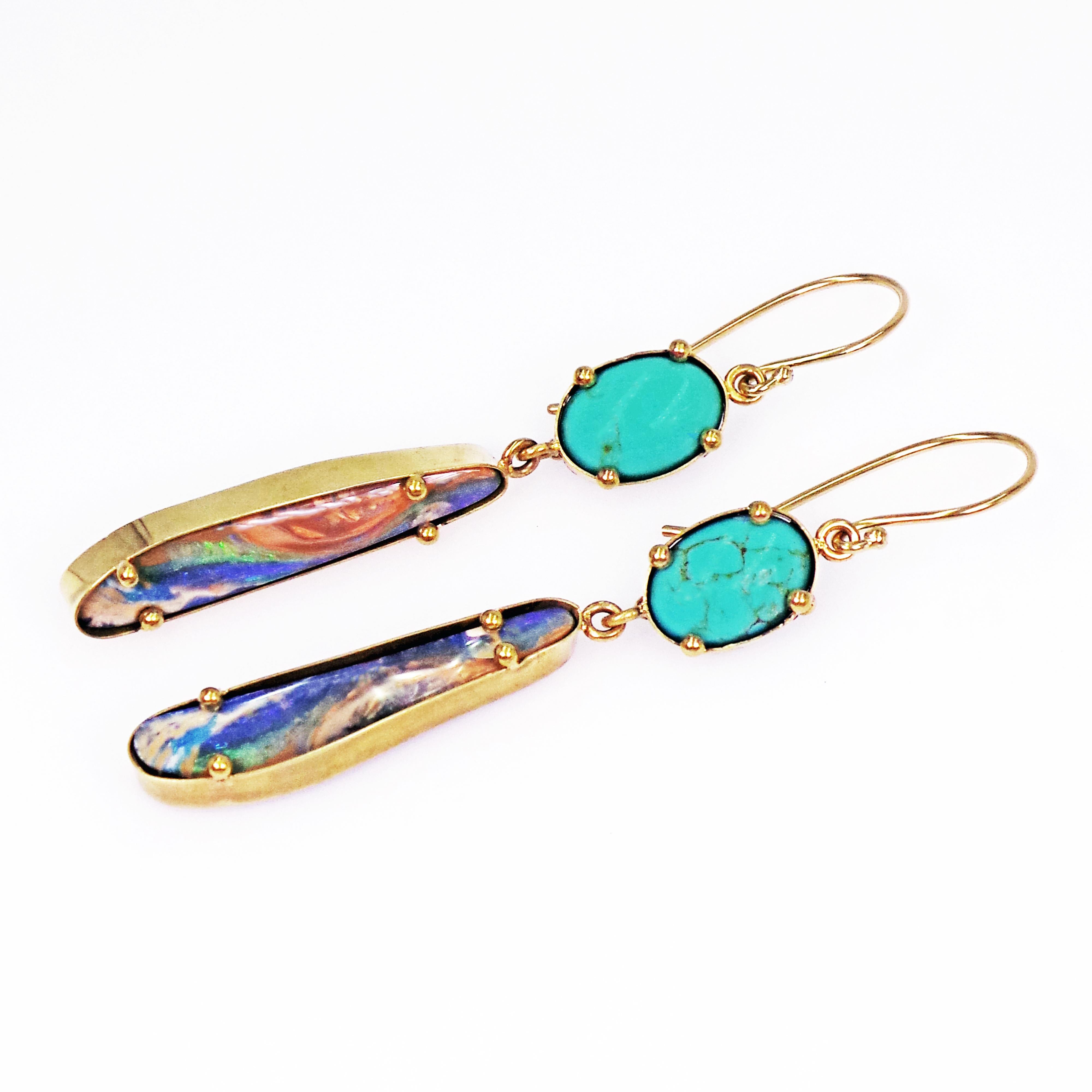 Amazing and unique Australian Boulder Opals and Carico Lake Turquoise (Nevada, USA) set in hand-forged 22k yellow gold dangle earrings with French wires. Truly spectacular colors and patterns in these natural gemstones. Simple, contemporary gold