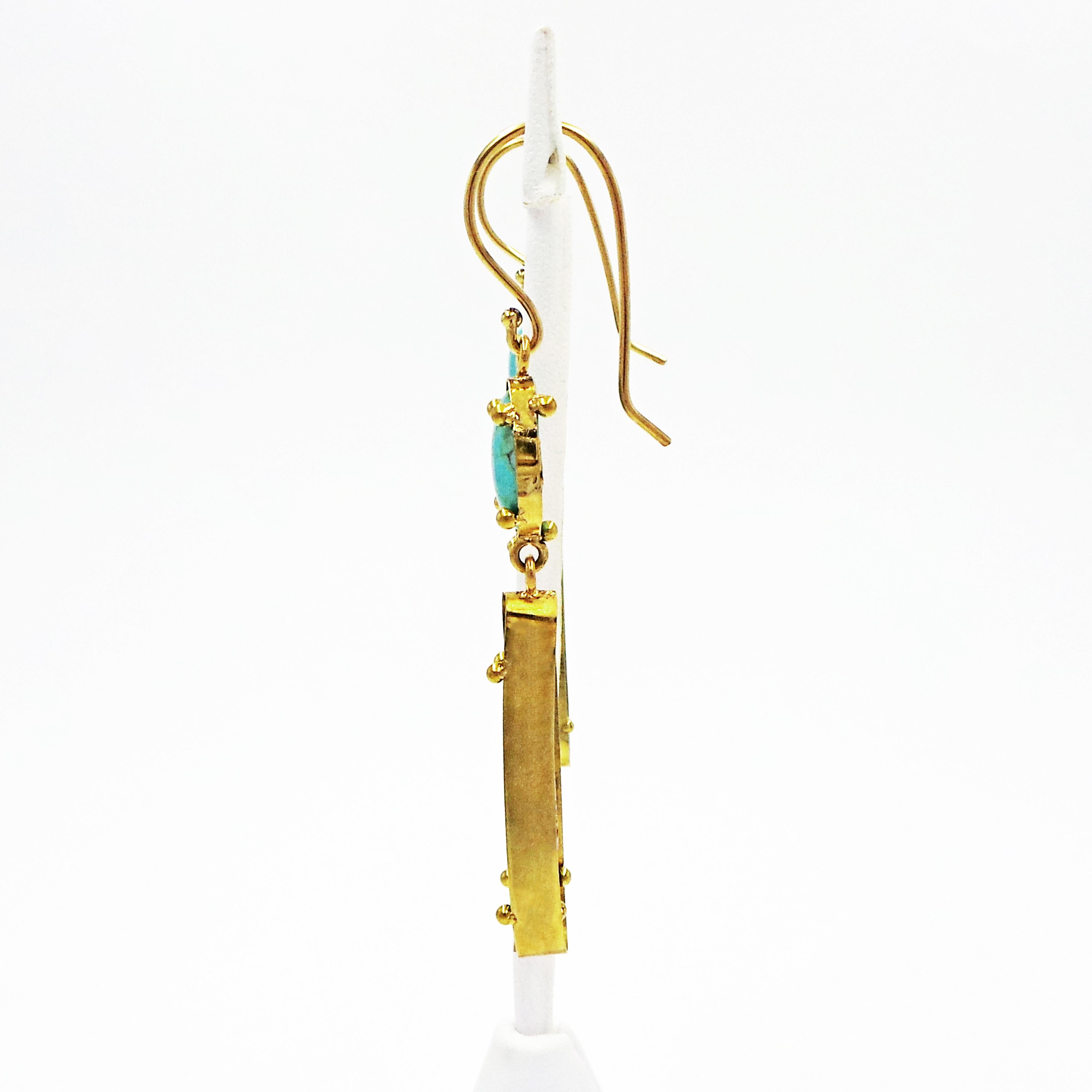 Contemporary Carico Lake Turquoise and Australian Boulder Opal 22 Karat Gold Dangle Earrings