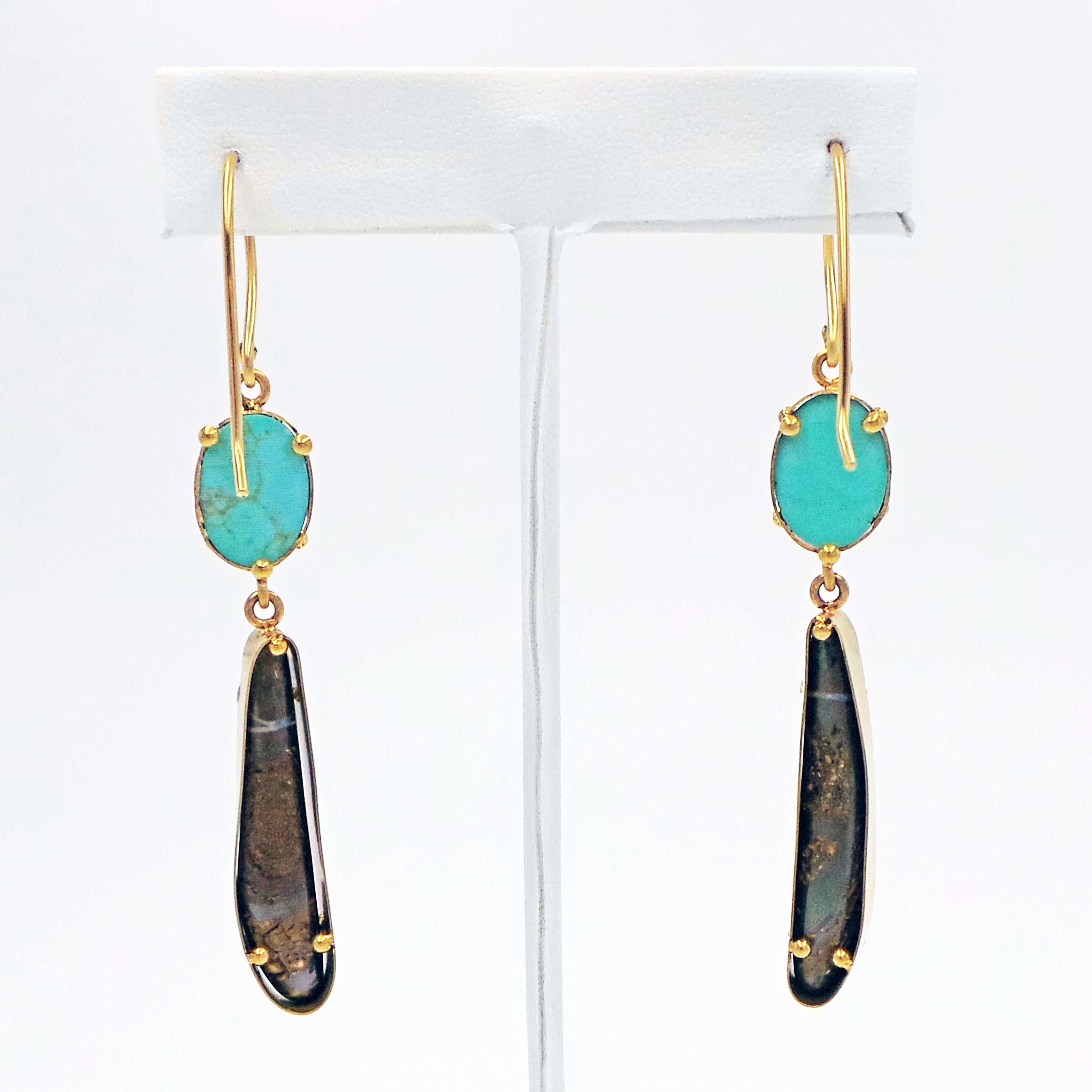 Carico Lake Turquoise and Australian Boulder Opal 22 Karat Gold Dangle Earrings In New Condition In Naples, FL
