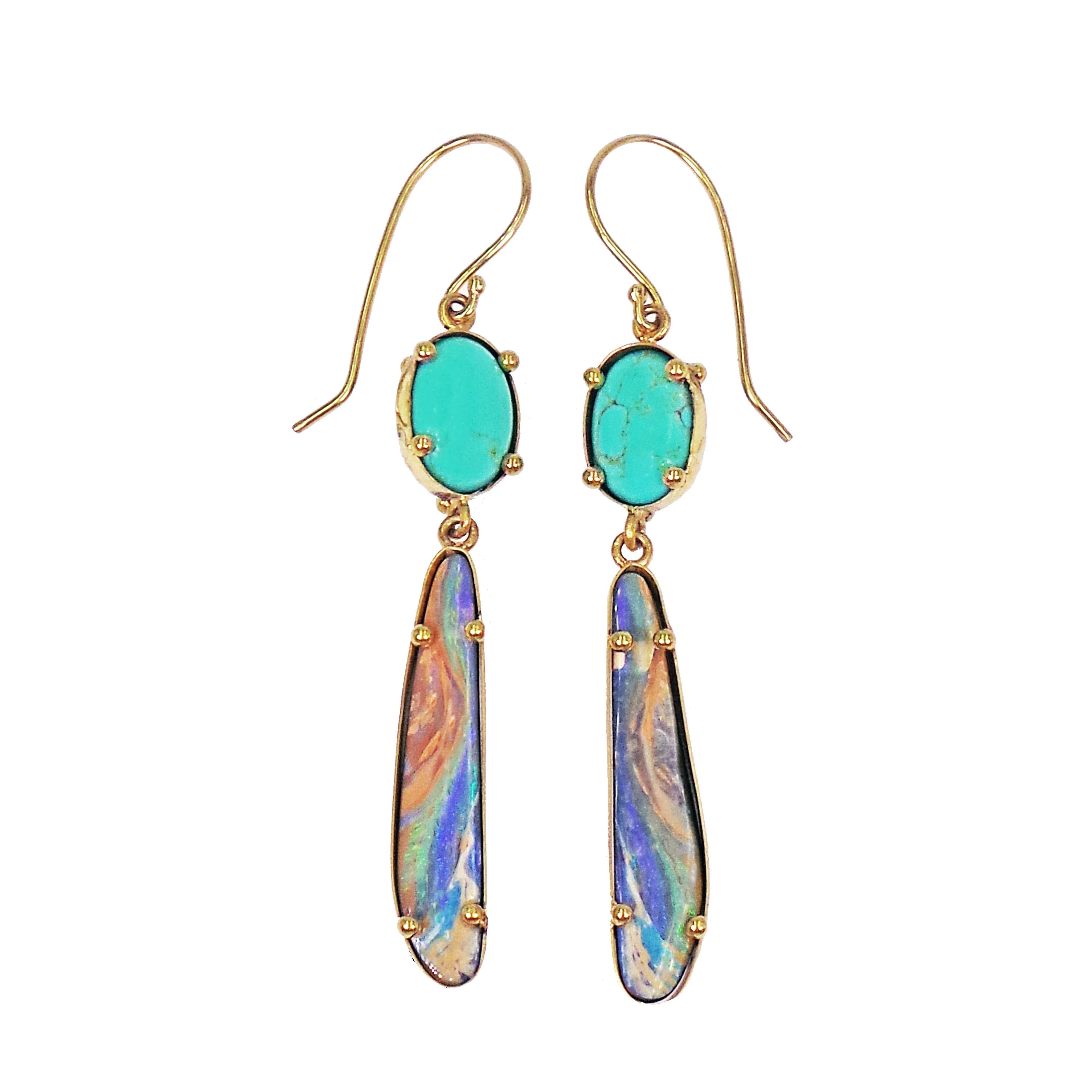 Women's Carico Lake Turquoise and Australian Boulder Opal 22 Karat Gold Dangle Earrings