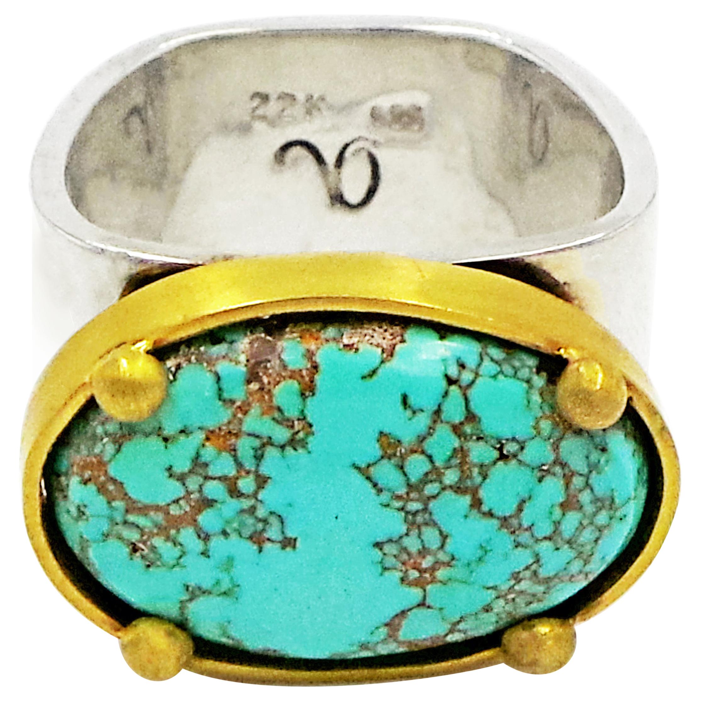 Carico Lake Turquoise 22 Karat Gold & Sterling Silver Contemporary Square Ring For Sale
