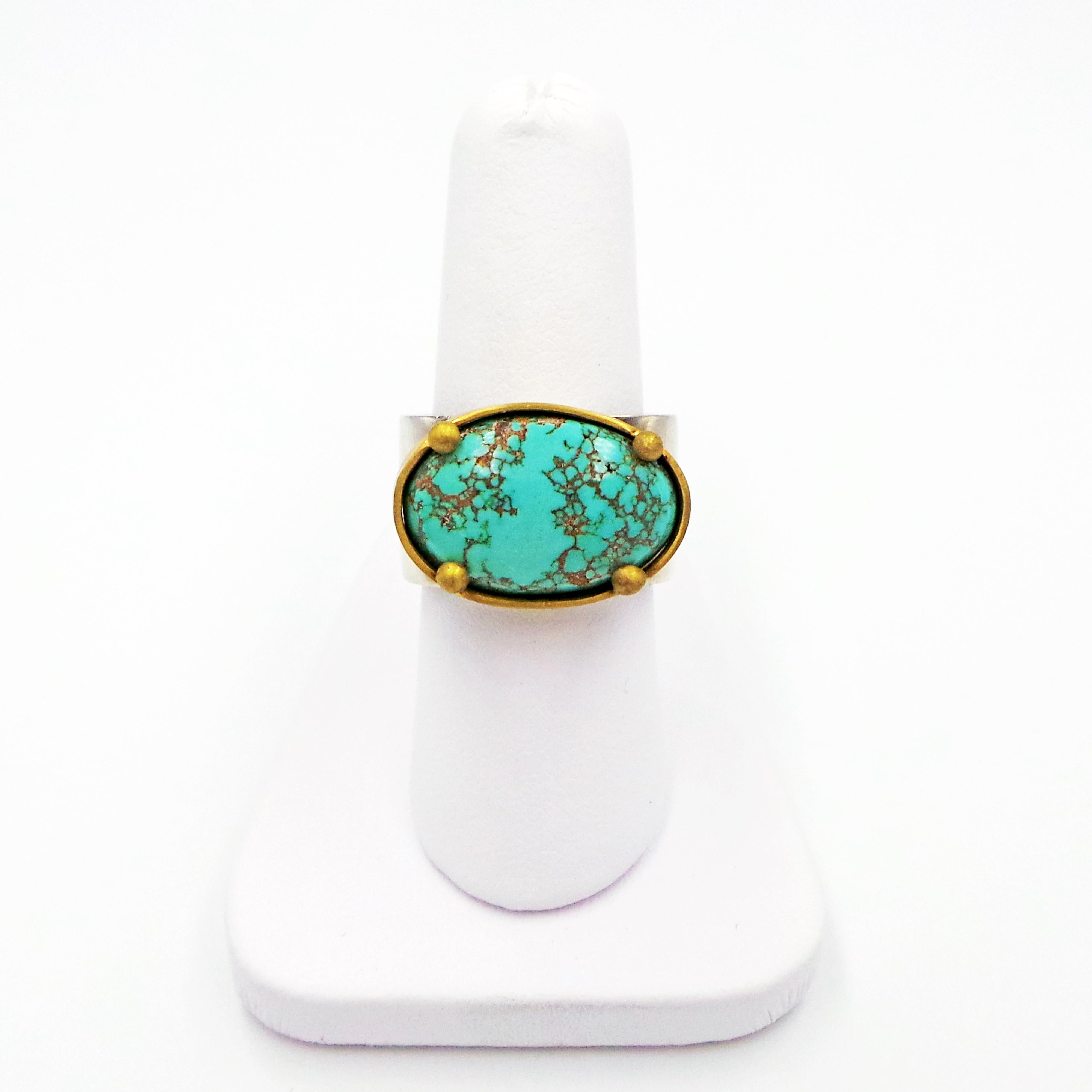 Cabochon Carico Lake Turquoise 22 Karat Gold & Sterling Silver Contemporary Square Ring For Sale