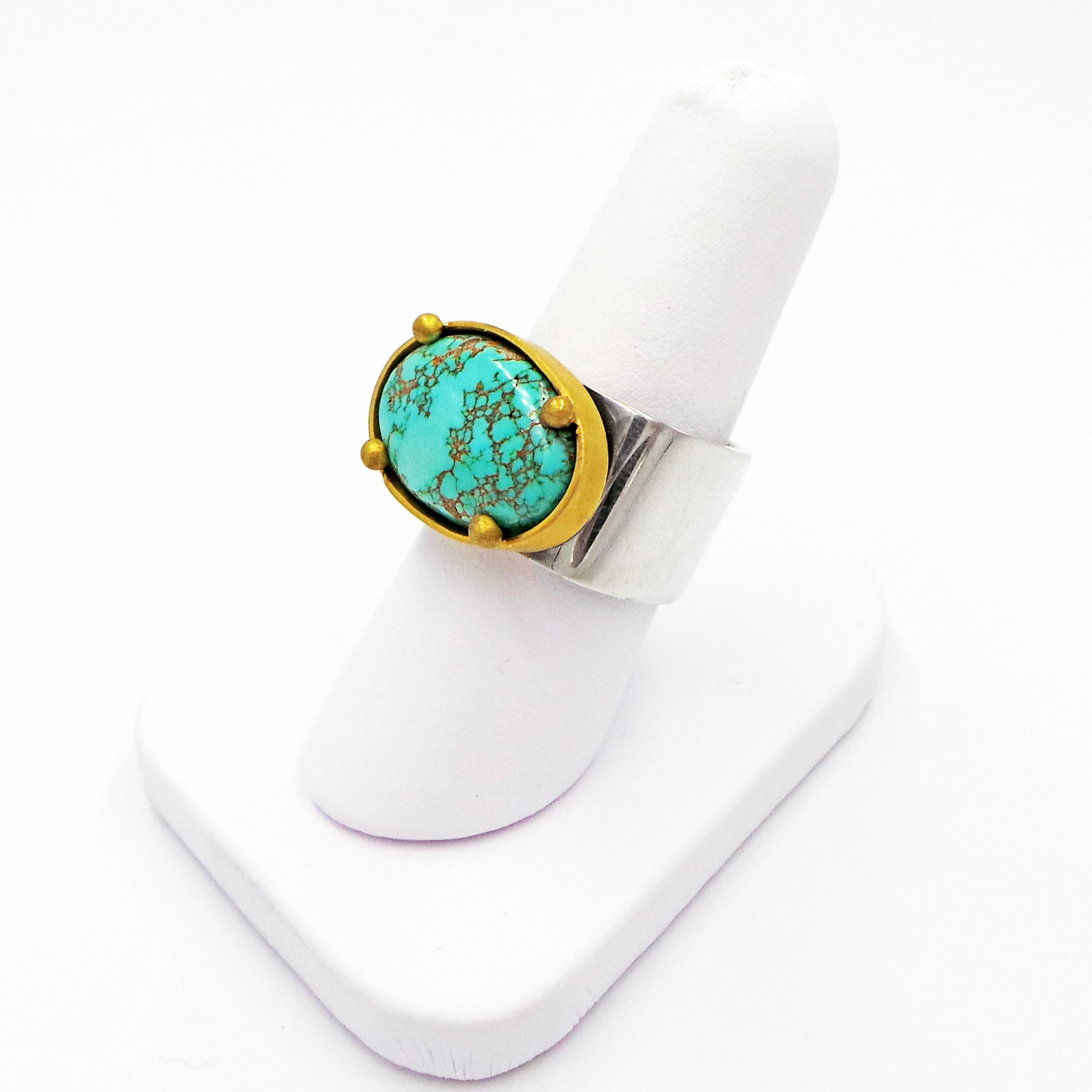 Carico Lake Turquoise 22 Karat Gold & Sterling Silver Contemporary Square Ring In New Condition For Sale In Naples, FL