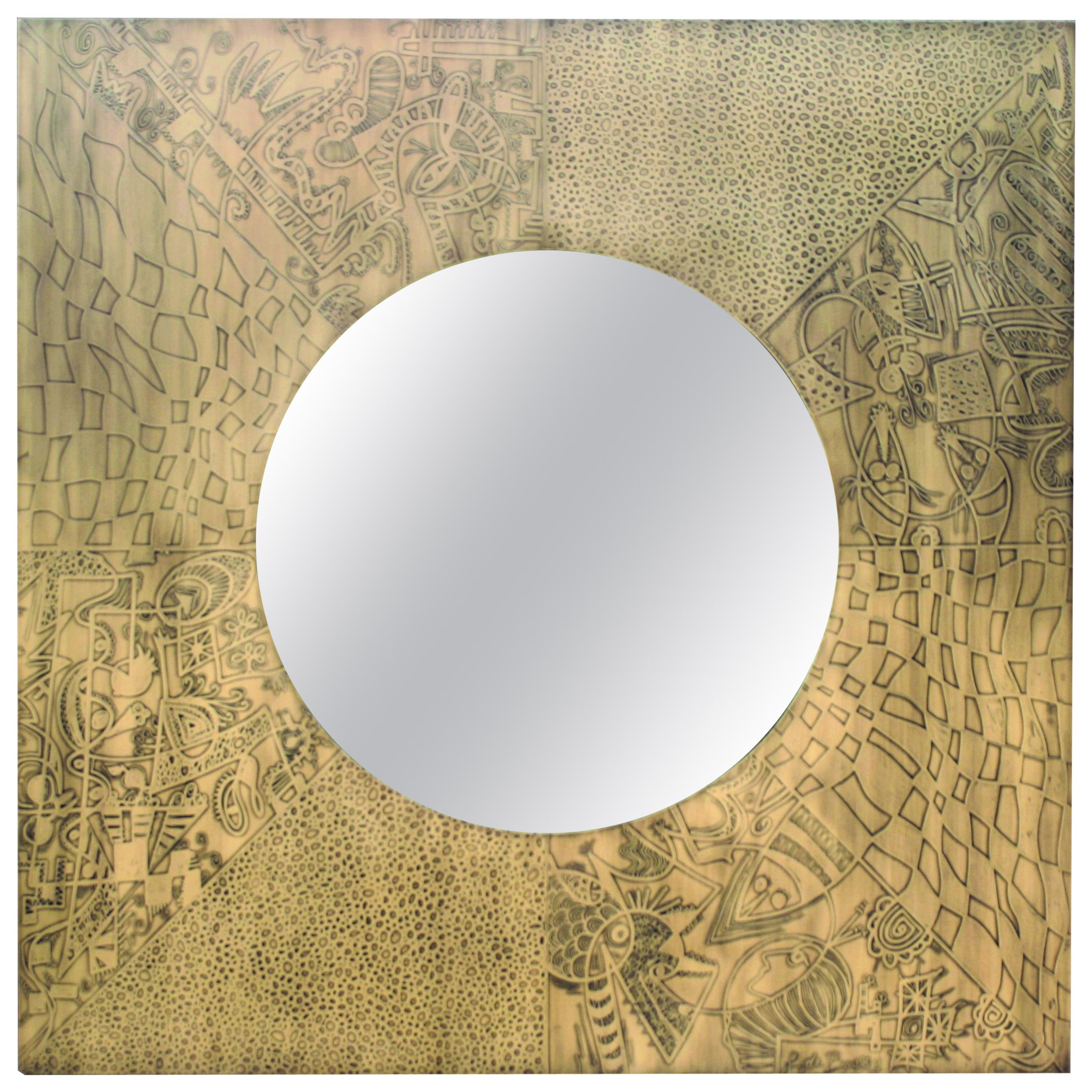 Caridean Acid Etched Patinated Brass Mirror by Felix for Studio Belgali For Sale
