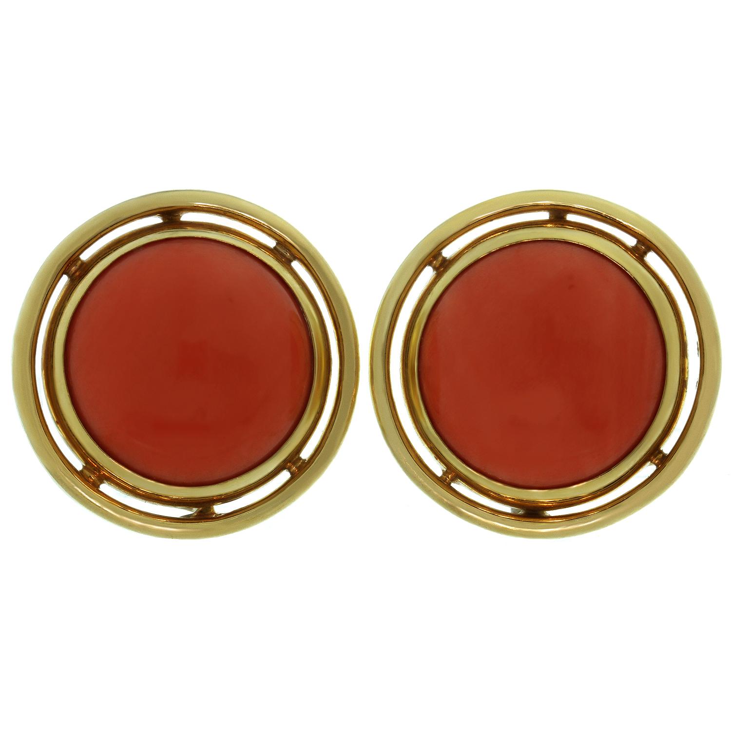Carimati Red Coral Yellow Gold Large Round Clip-On Earrings For Sale
