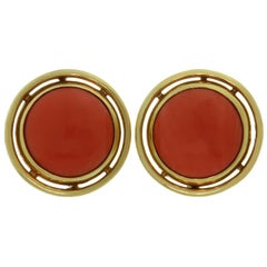 Carimati Clips d'oreilles ronds en or jaune et corail rouge à grande tige