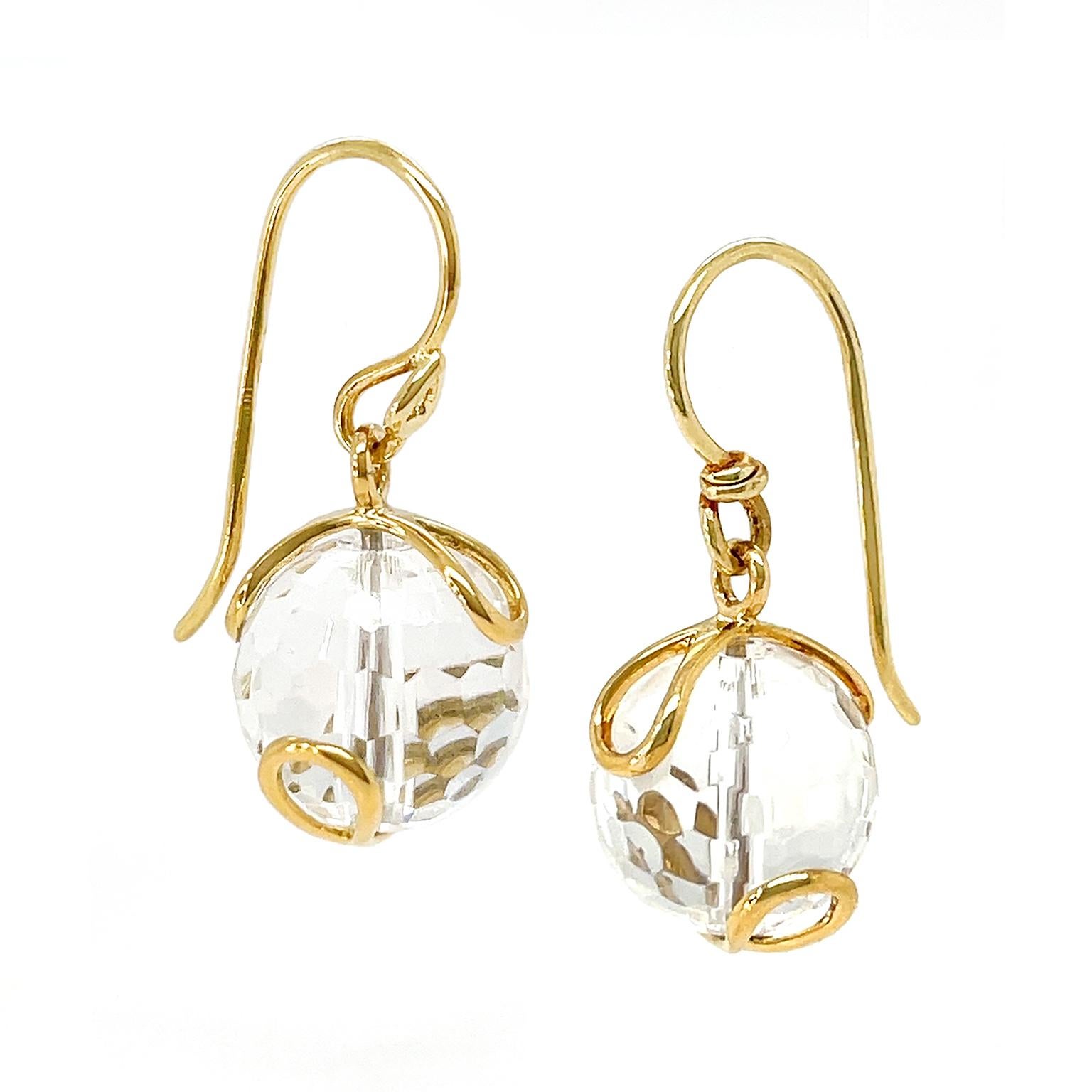 Mixed Cut White Crystal 18K Yellow Gold Wire Earrings For Sale