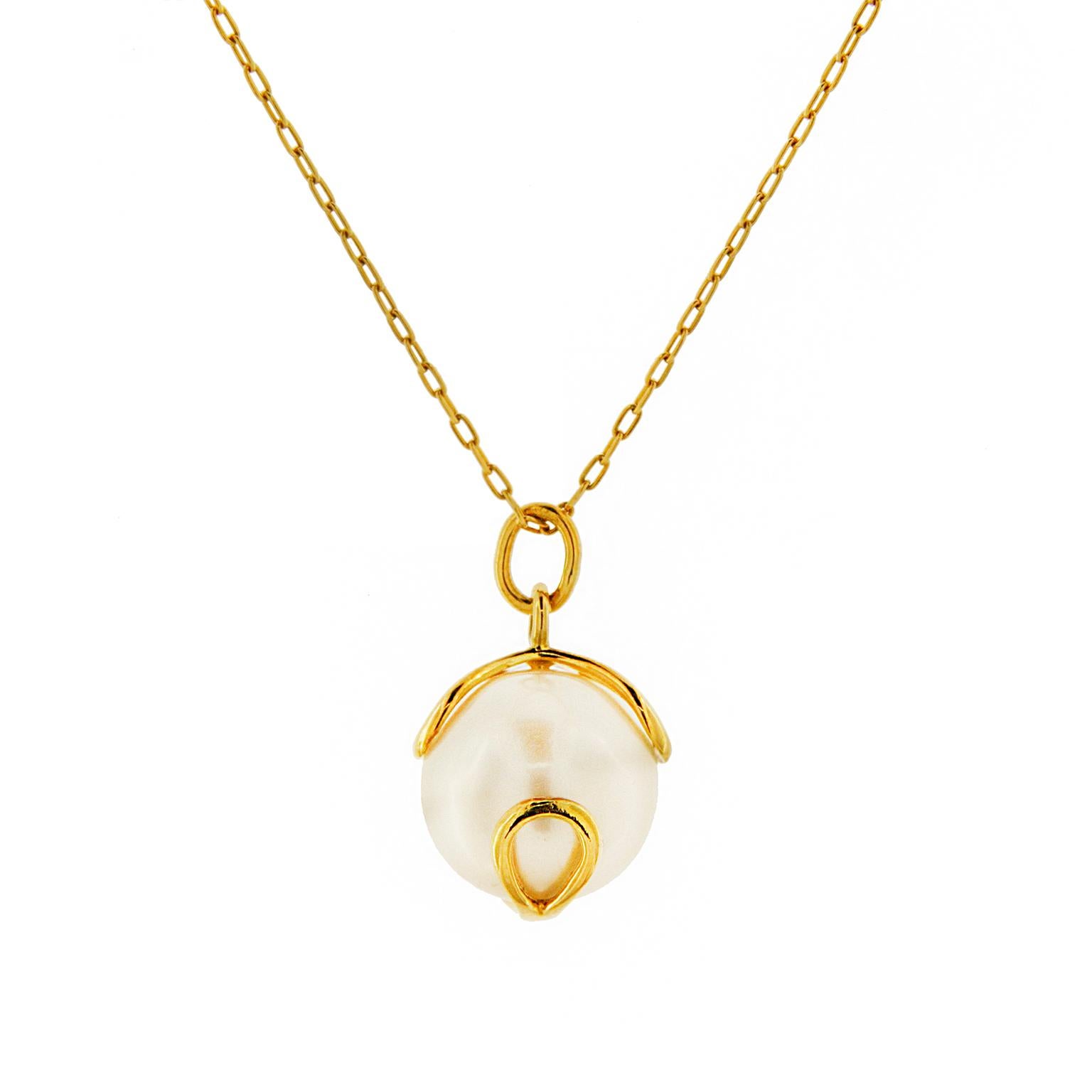 Carina Pendant features a 12mm Fresh Water Pearl with 18 inch chain in 18kt. yellow gold 