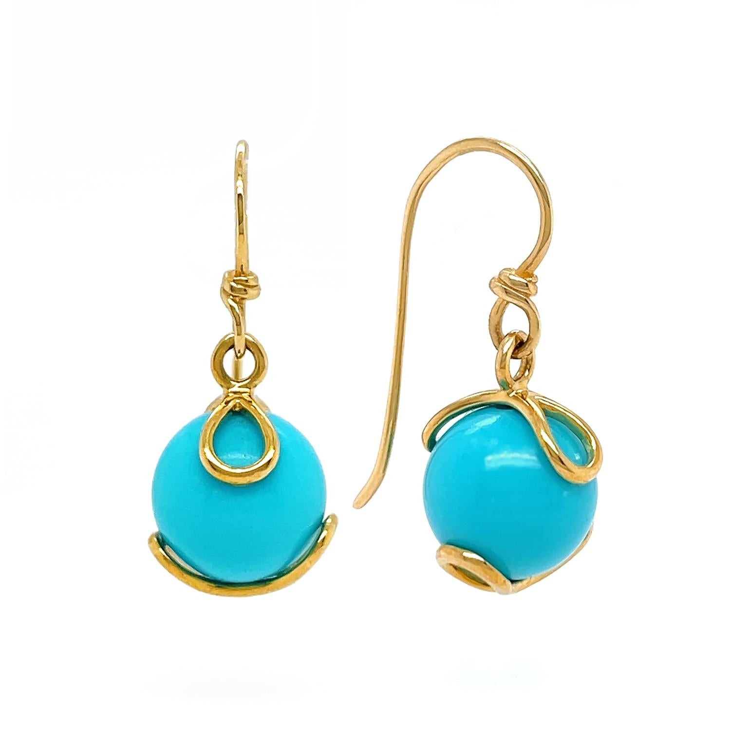 Bead Turquoise Ball 18K Yellow Gold Wire Earrings For Sale