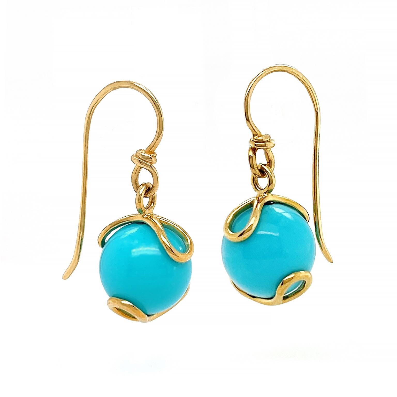 Turquoise Ball 18K Yellow Gold Wire Earrings In New Condition For Sale In New York, NY