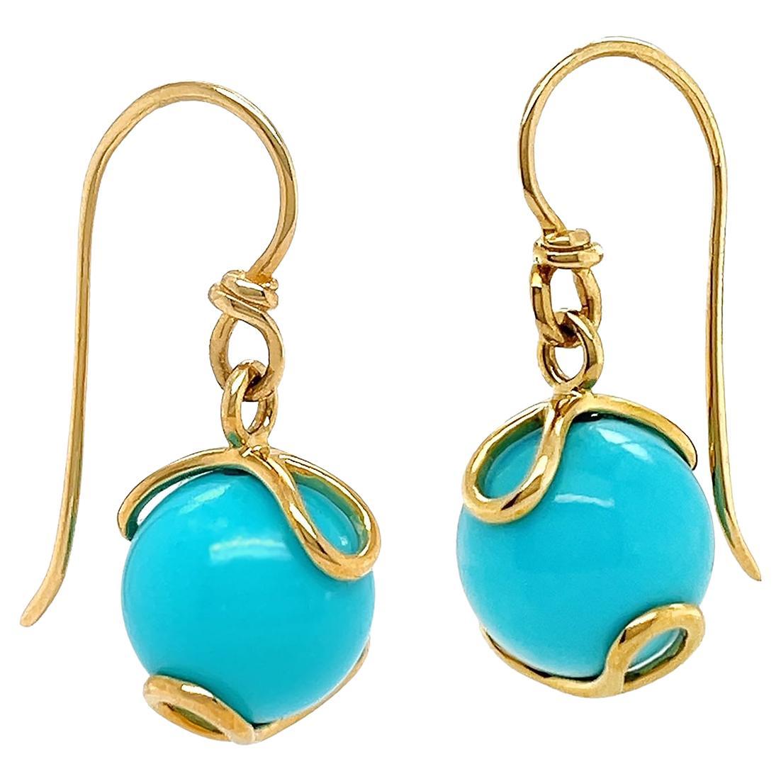 Turquoise Ball 18K Yellow Gold Wire Earrings For Sale