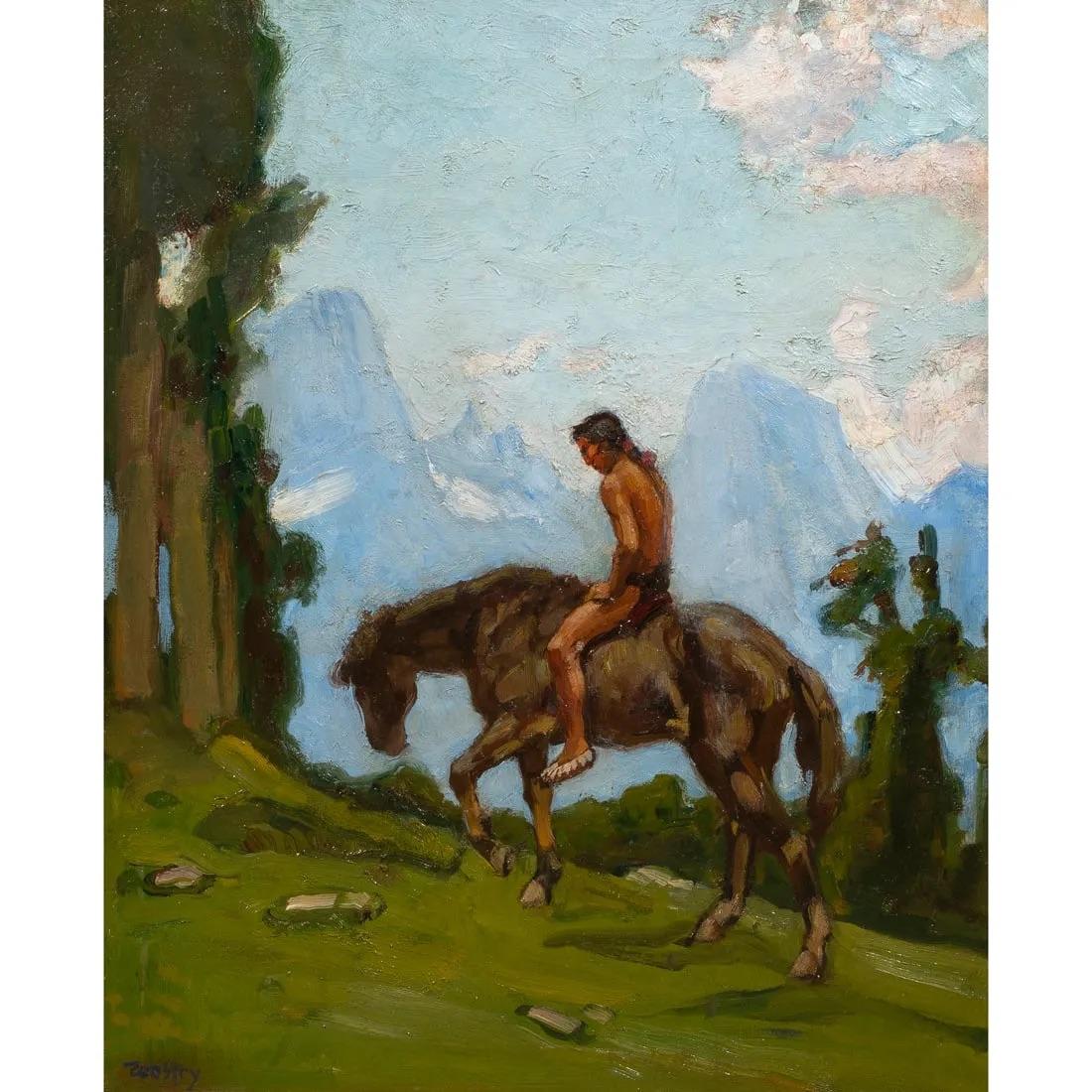 Cario Wostry (Austrian, 1865-1943), Indian on Horseback, oil on canvas affixed to board, signed lower left, board: 24