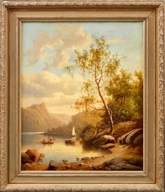 Paesaggio romantico del XIX secolo - Amici che pescano in estate - Tramonto 1866