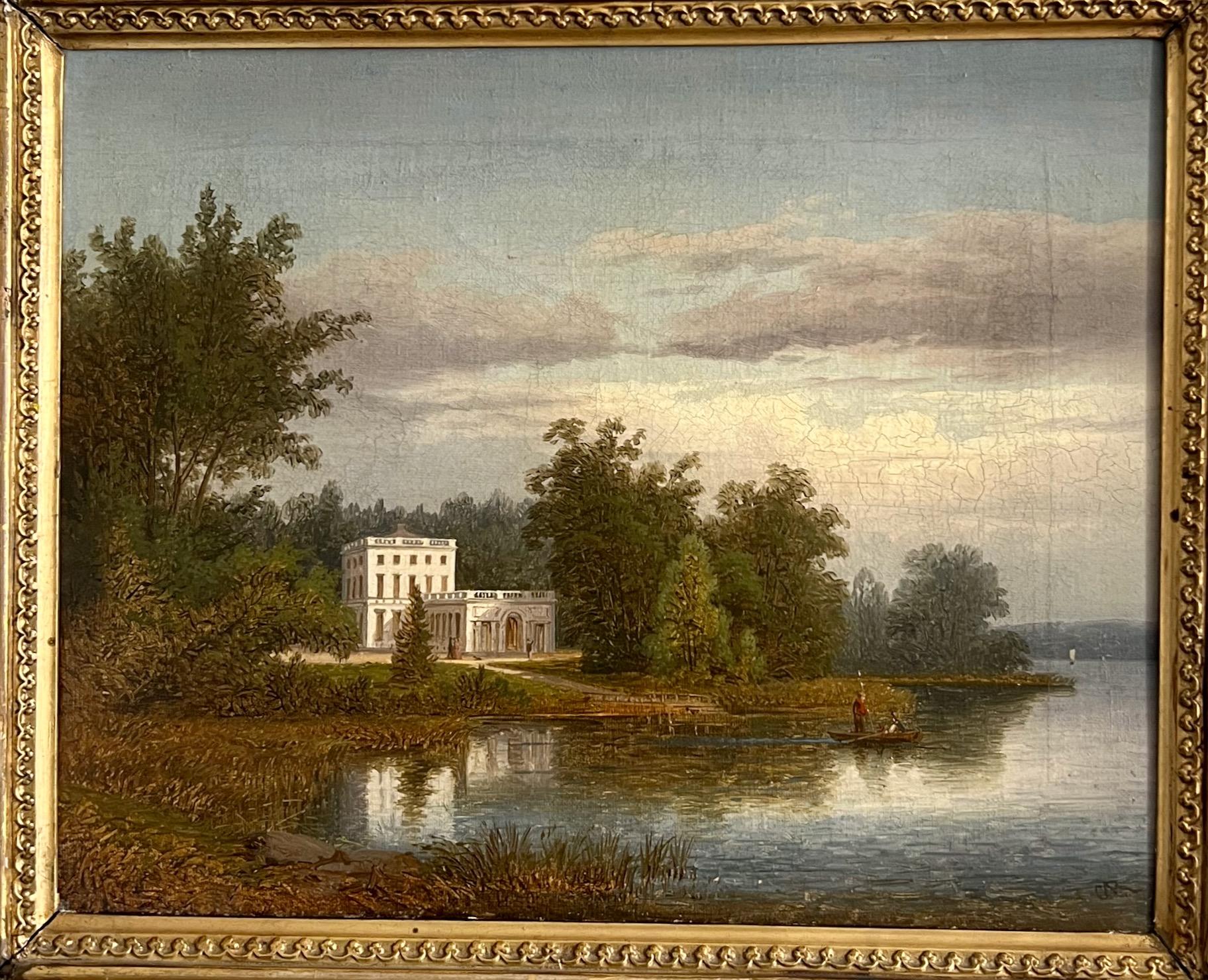 Un cuadro muy bonito y encantador con una vista del pabellón Haga del rey Gustavo III, de Carl Abraham Rothstén, (1826 - 1877). Óleo sobre lienzo, firmado con el monograma CAR. Probablemente pintado en el tercer cuarto del siglo XIX. El cuadro está