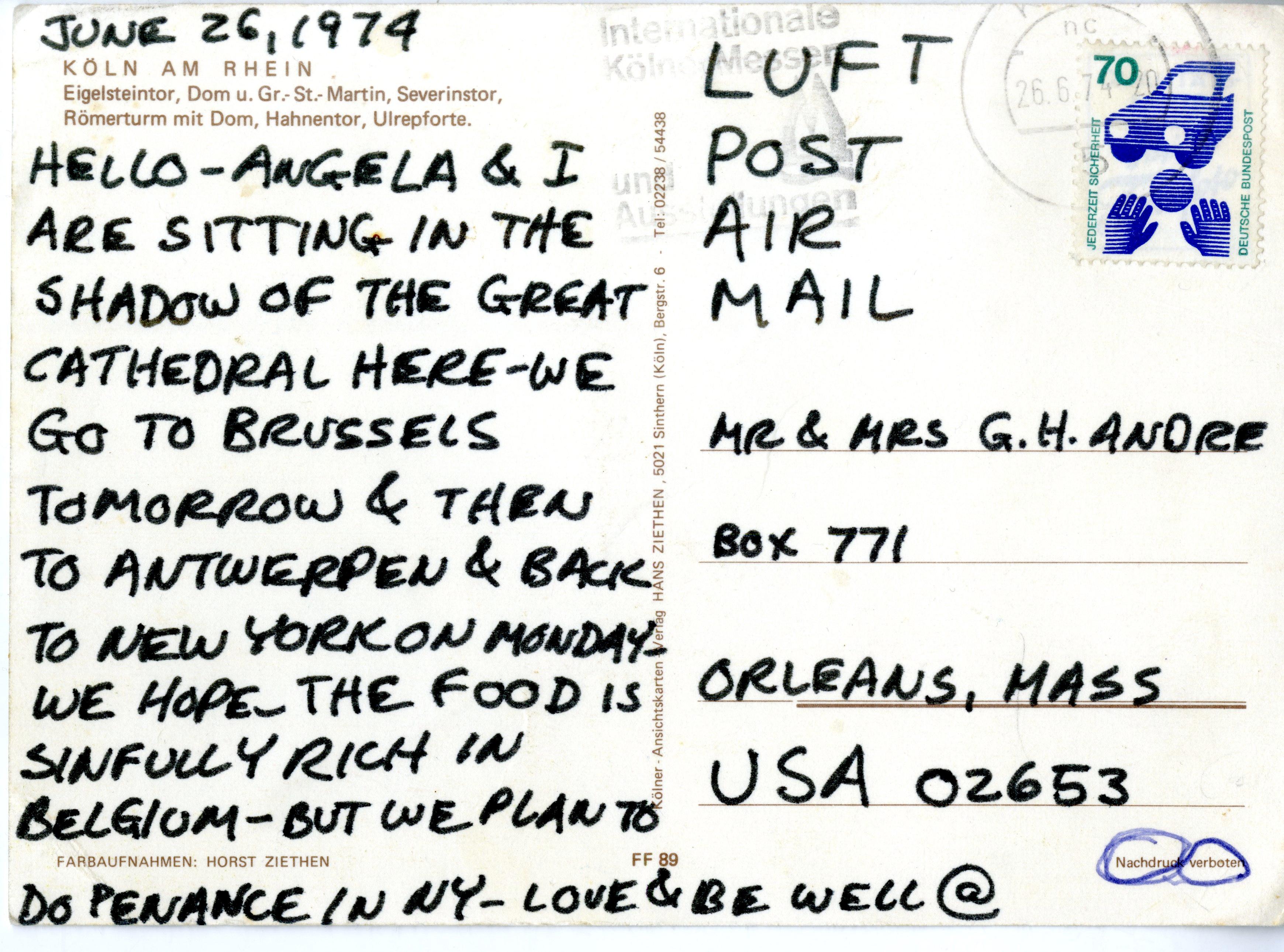 Carl Andre Abstract Drawing – Handschriftlicher Brief an die Eltern des Künstlers (handsignierte Postkartenkarte)