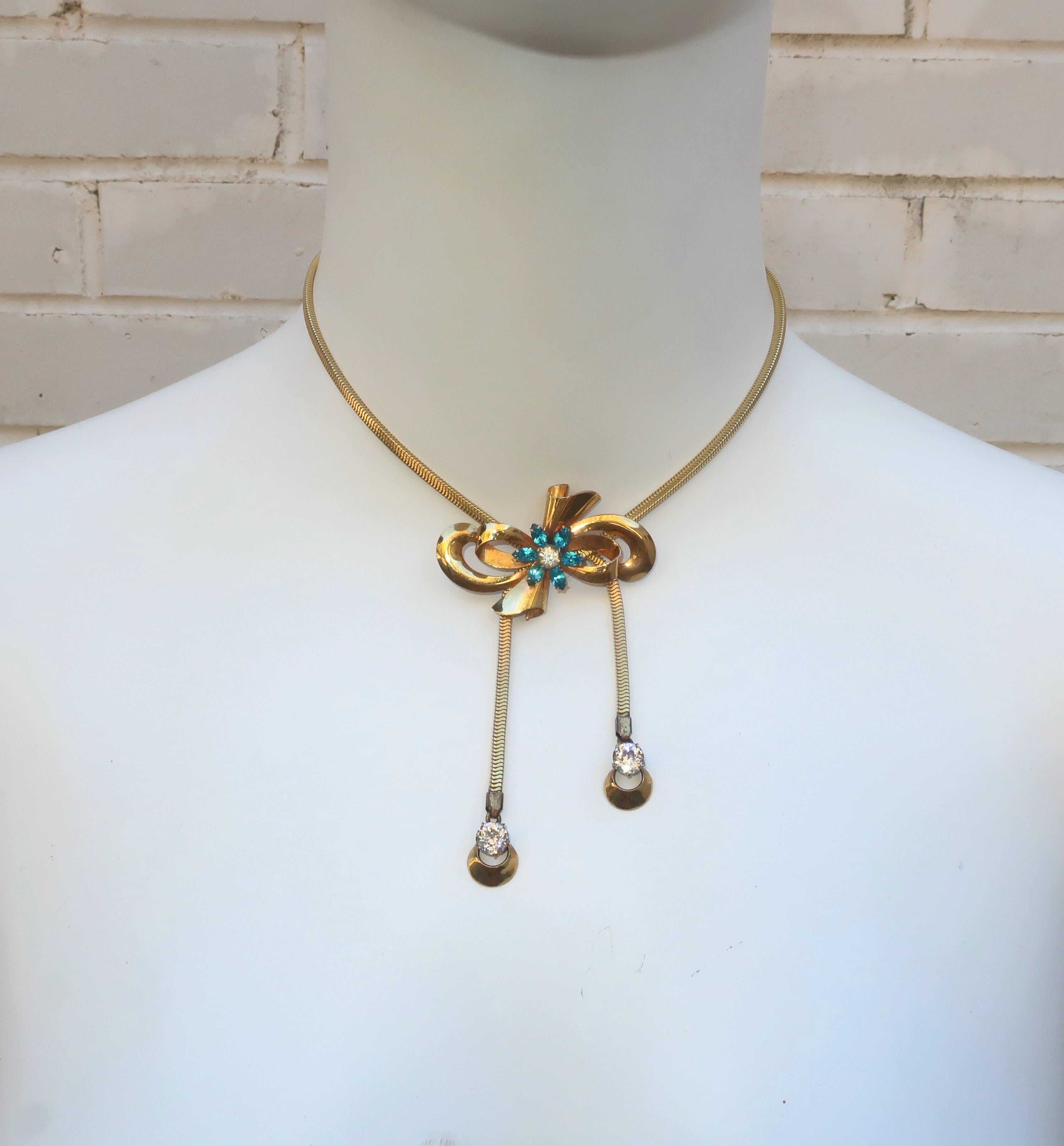 Carl Art Rhinestone & Gold Filled Bow Slide Necklace, 1940's 6
