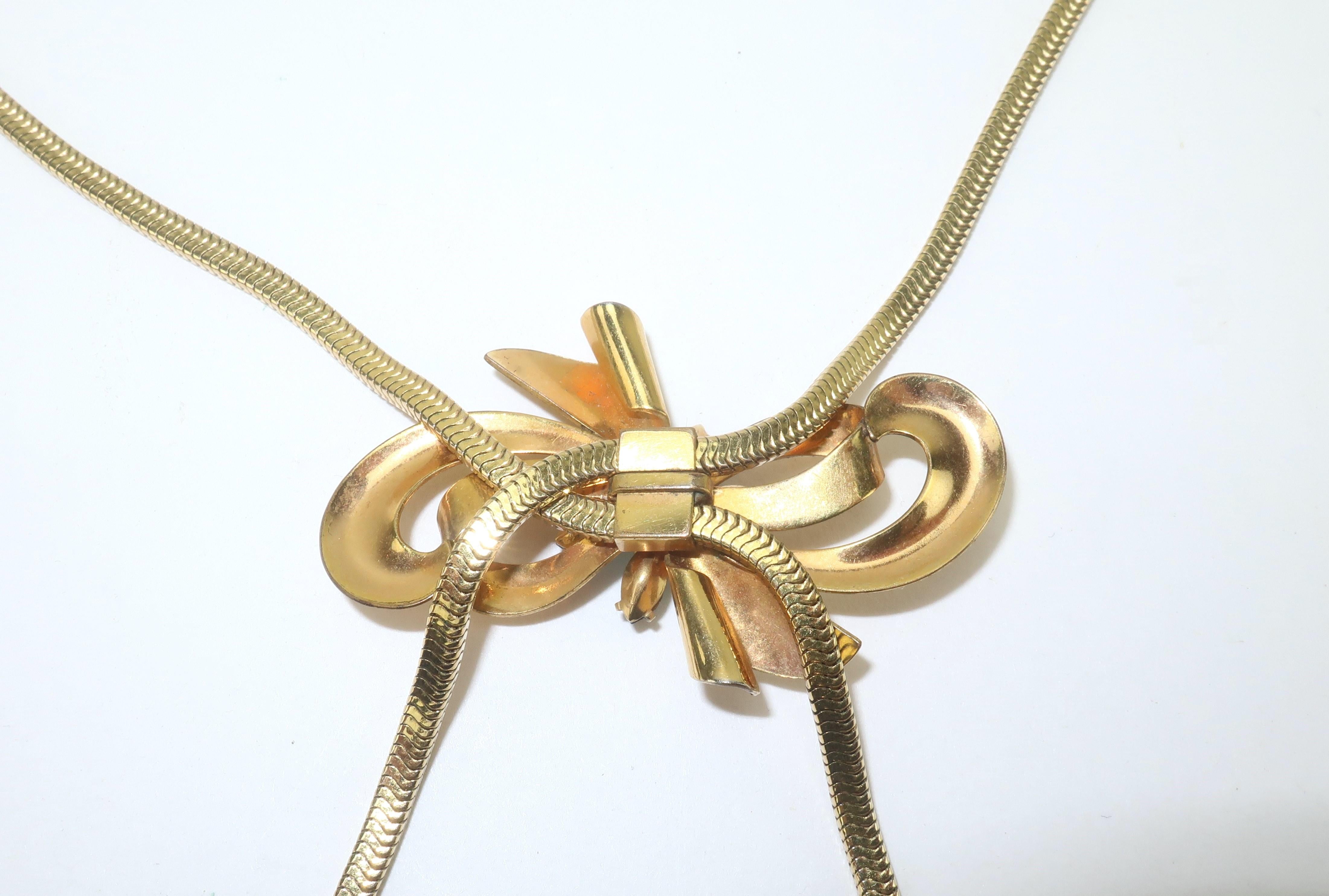 Carl Art Rhinestone & Gold Filled Bow Slide Necklace, 1940's In Good Condition In Atlanta, GA