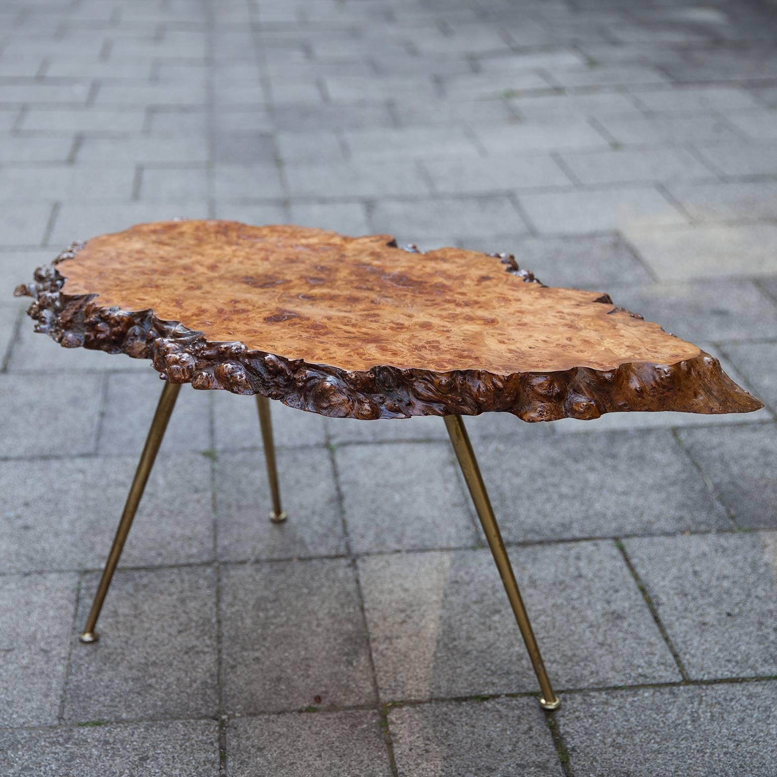 Wonderful side table in the style of Nakashima, gorgeous burl woodwork and tripod brass legs.