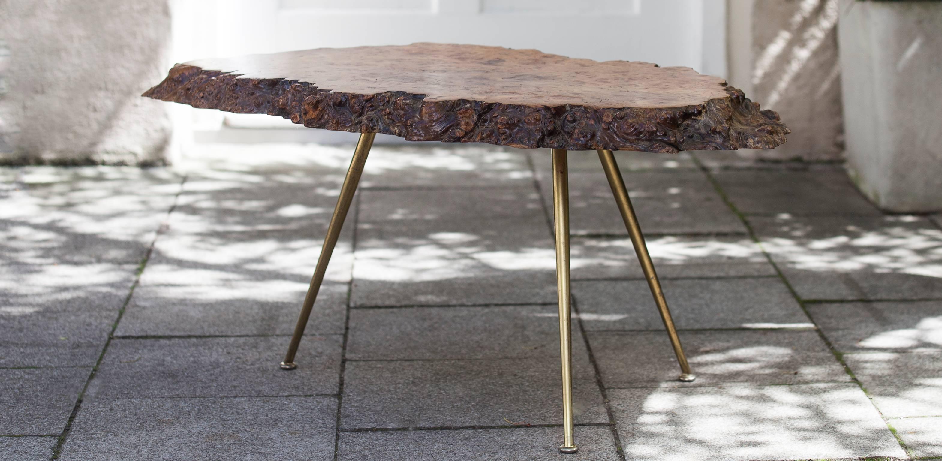 Brass Nakachima Style Burl Wood Tripod Side Table