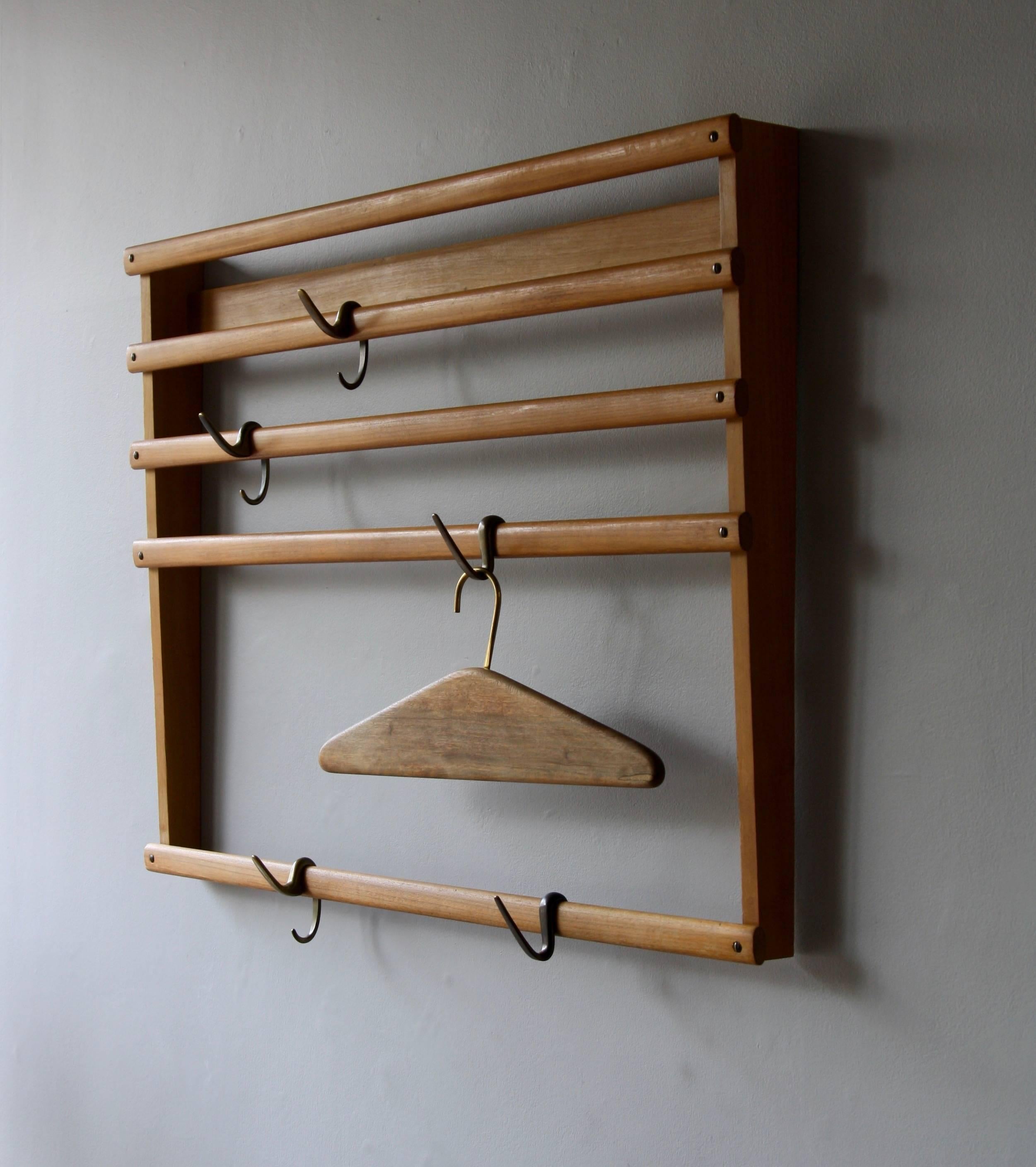 Austrian Carl Auböck Vintage 1950s Wall-Mounted Wardrobe with Five-Hooks and Coat Hanger