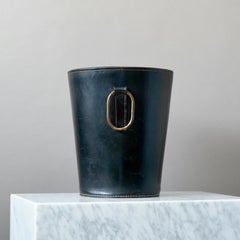 Carl Aubock 1950s Waste Paper Basket. Black Leather and Brass. Austria 1950s.
