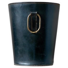 Carl Aubock 1950s Waste Paper Basket. Black Leather and Brass. Austria 1950s.