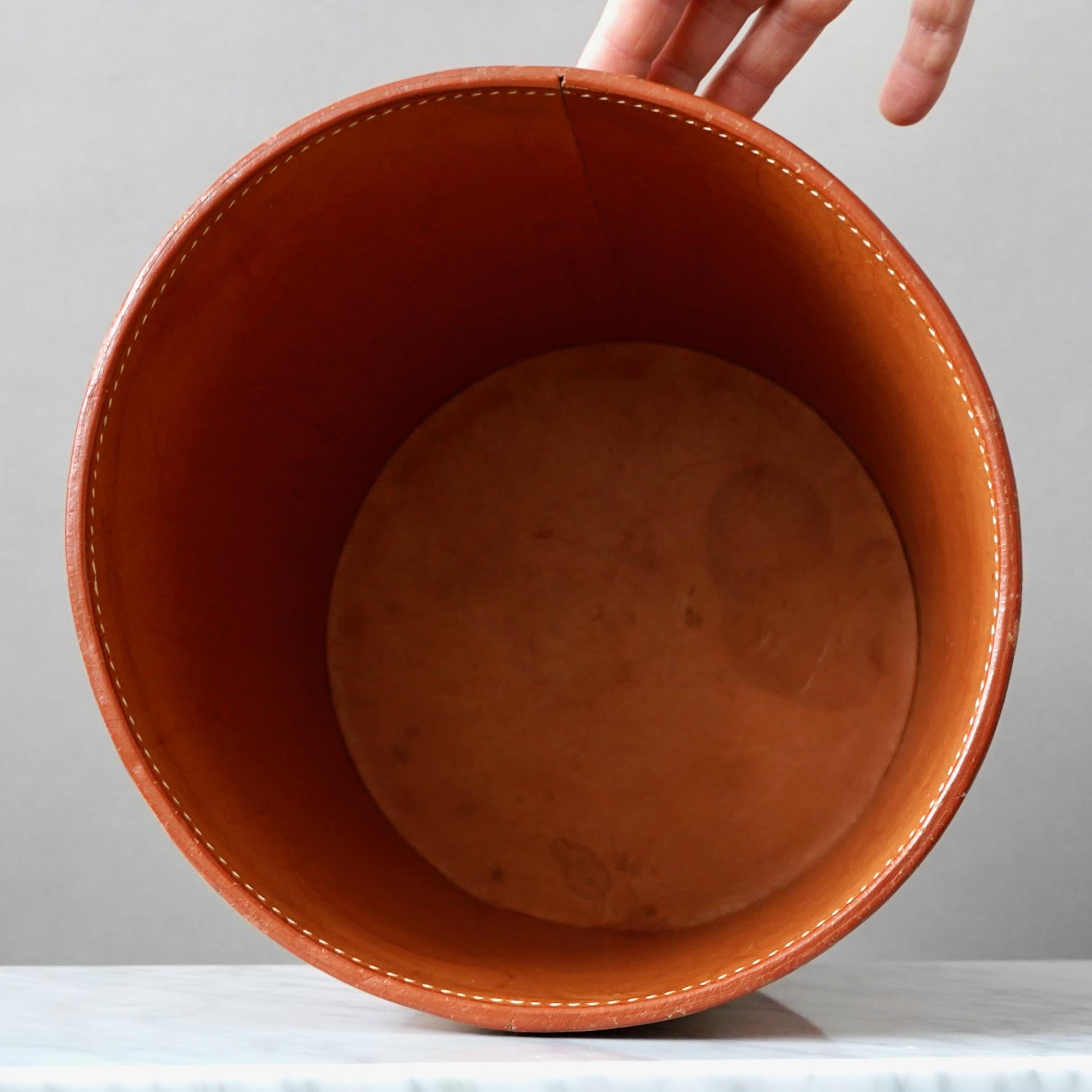 Carl Aubock 1950s Waste Paper Basket. Brown Leather and Brass. Austria 1950s. 4
