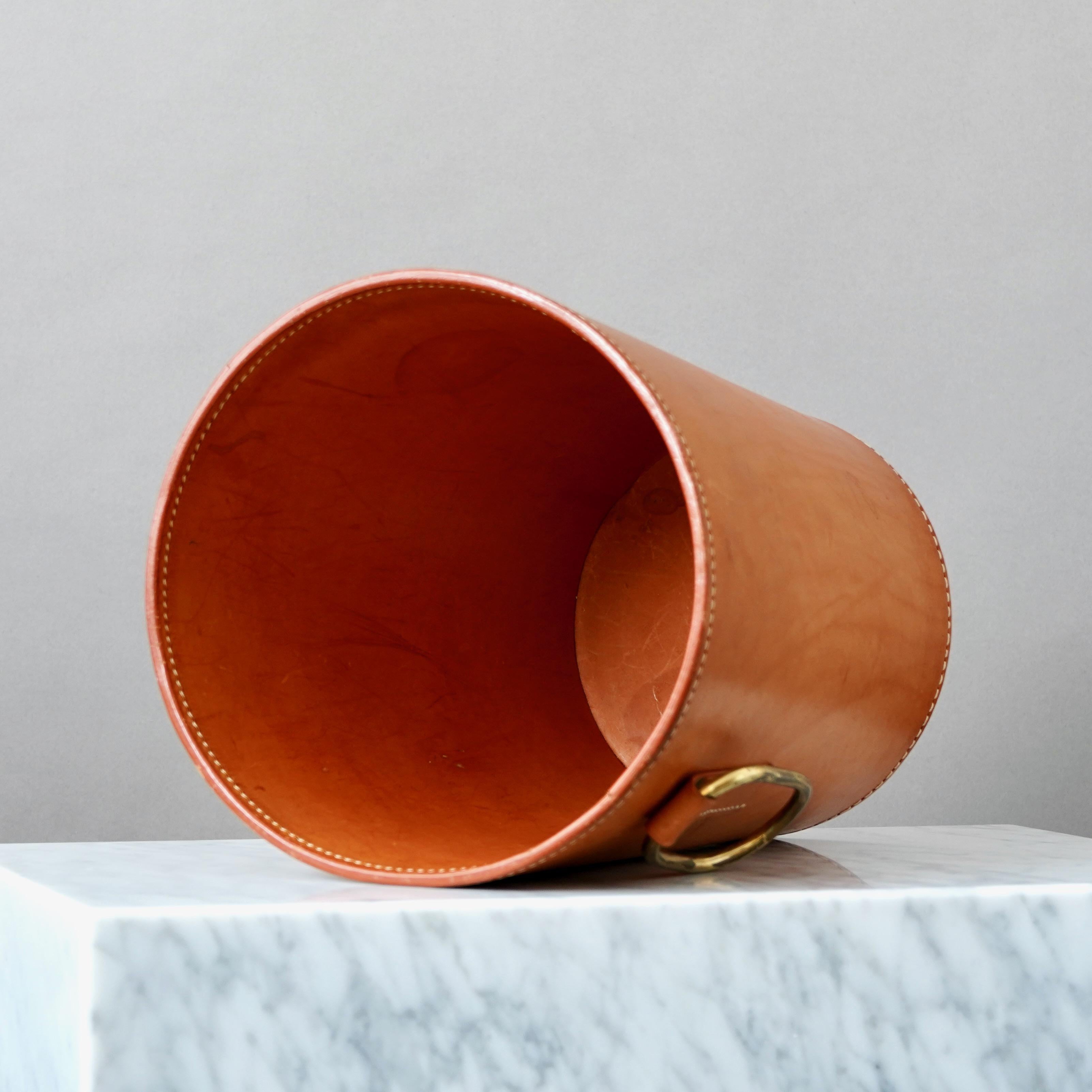 Carl Aubock 1950s Waste Paper Basket. Brown Leather and Brass. Austria 1950s. 5
