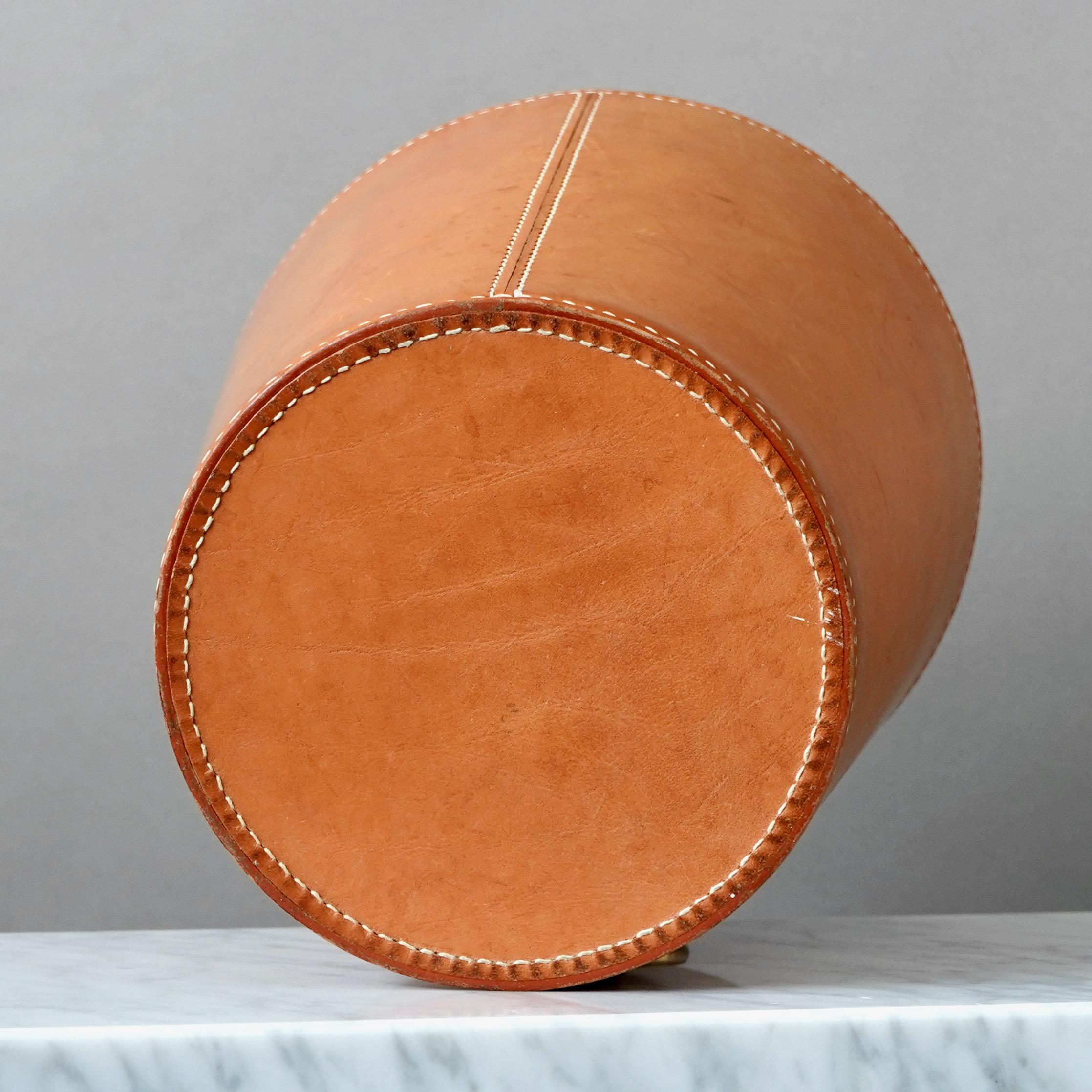 Carl Aubock 1950s Waste Paper Basket. Brown Leather and Brass. Austria 1950s. 6