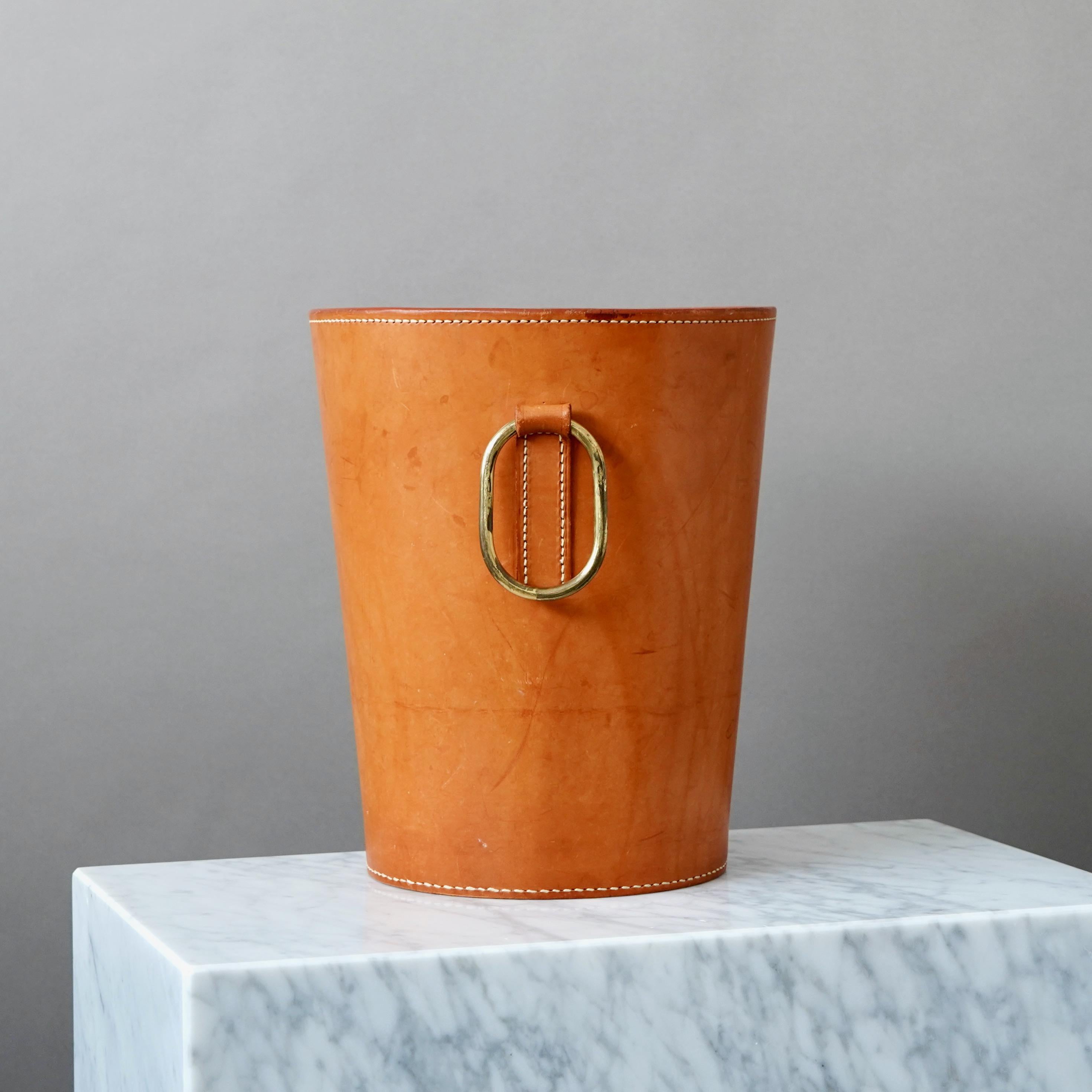 Austrian Carl Aubock 1950s Waste Paper Basket. Brown Leather and Brass. Austria 1950s.
