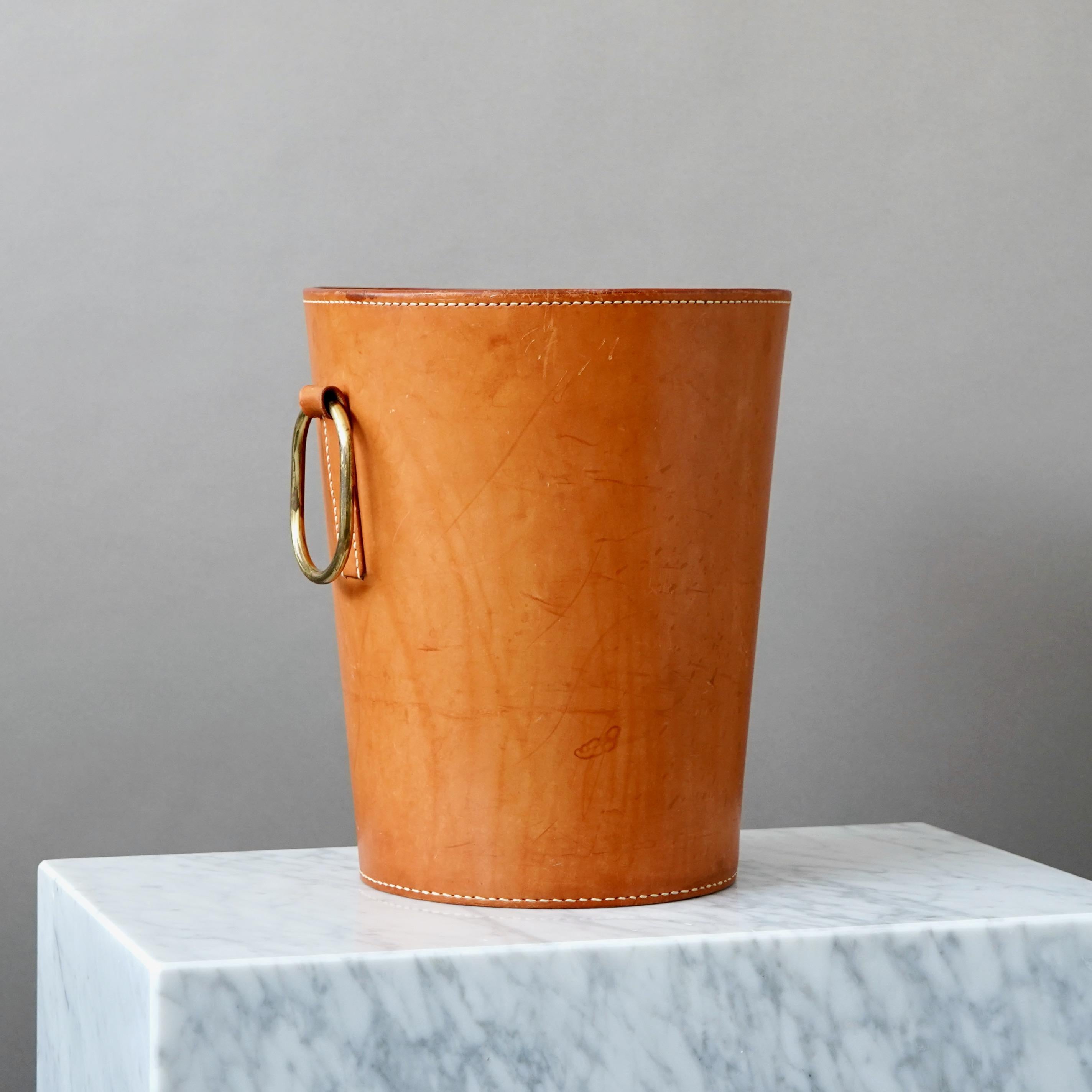 20th Century Carl Aubock 1950s Waste Paper Basket. Brown Leather and Brass. Austria 1950s.