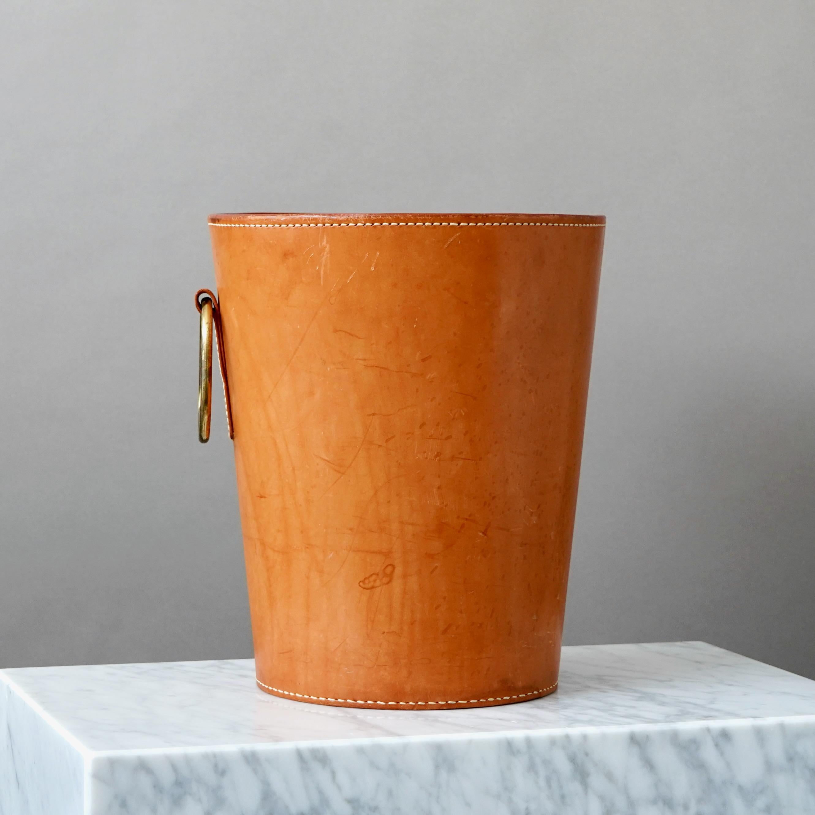 Carl Aubock 1950s Waste Paper Basket. Brown Leather and Brass. Austria 1950s. 1