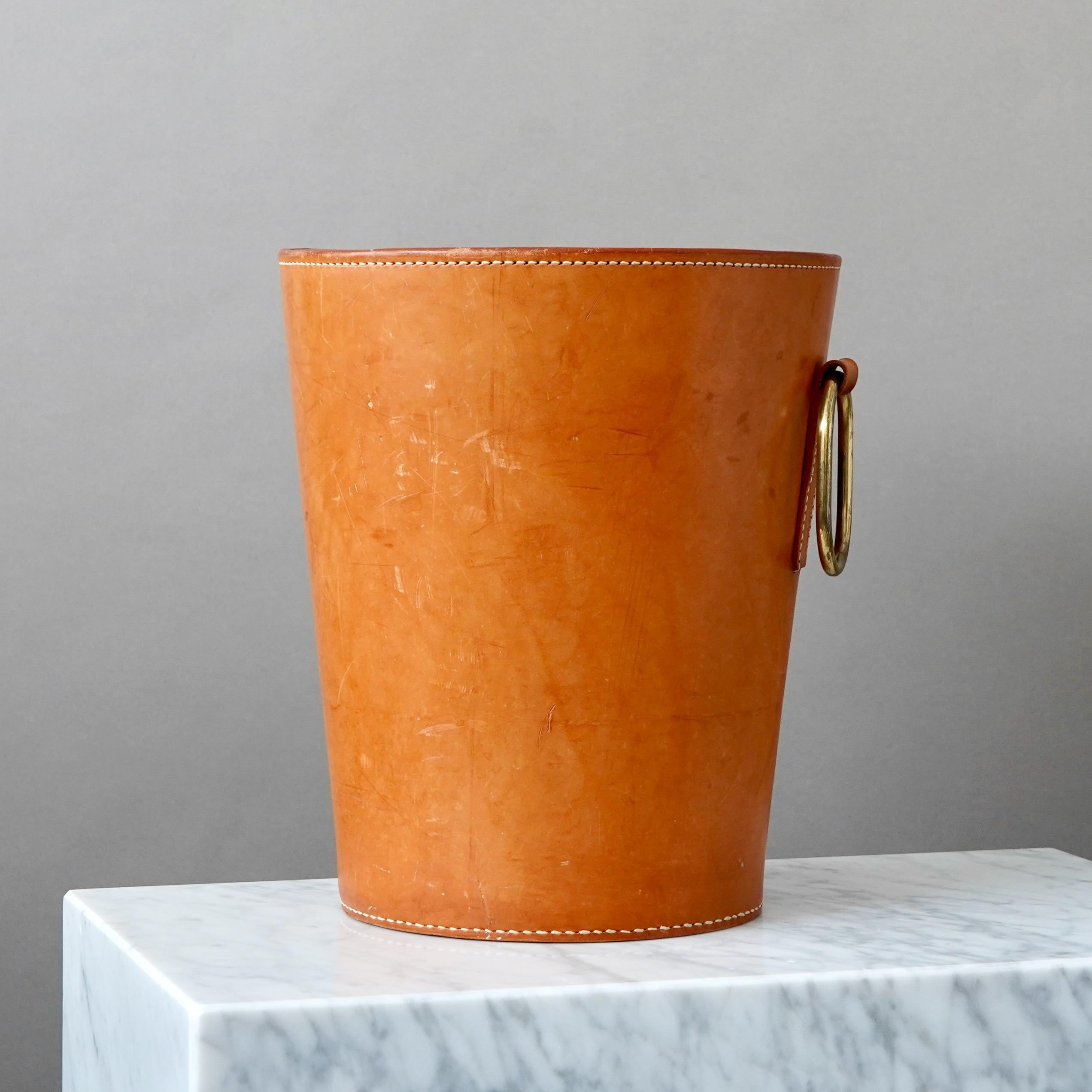 Carl Aubock 1950s Waste Paper Basket. Brown Leather and Brass. Austria 1950s. 3
