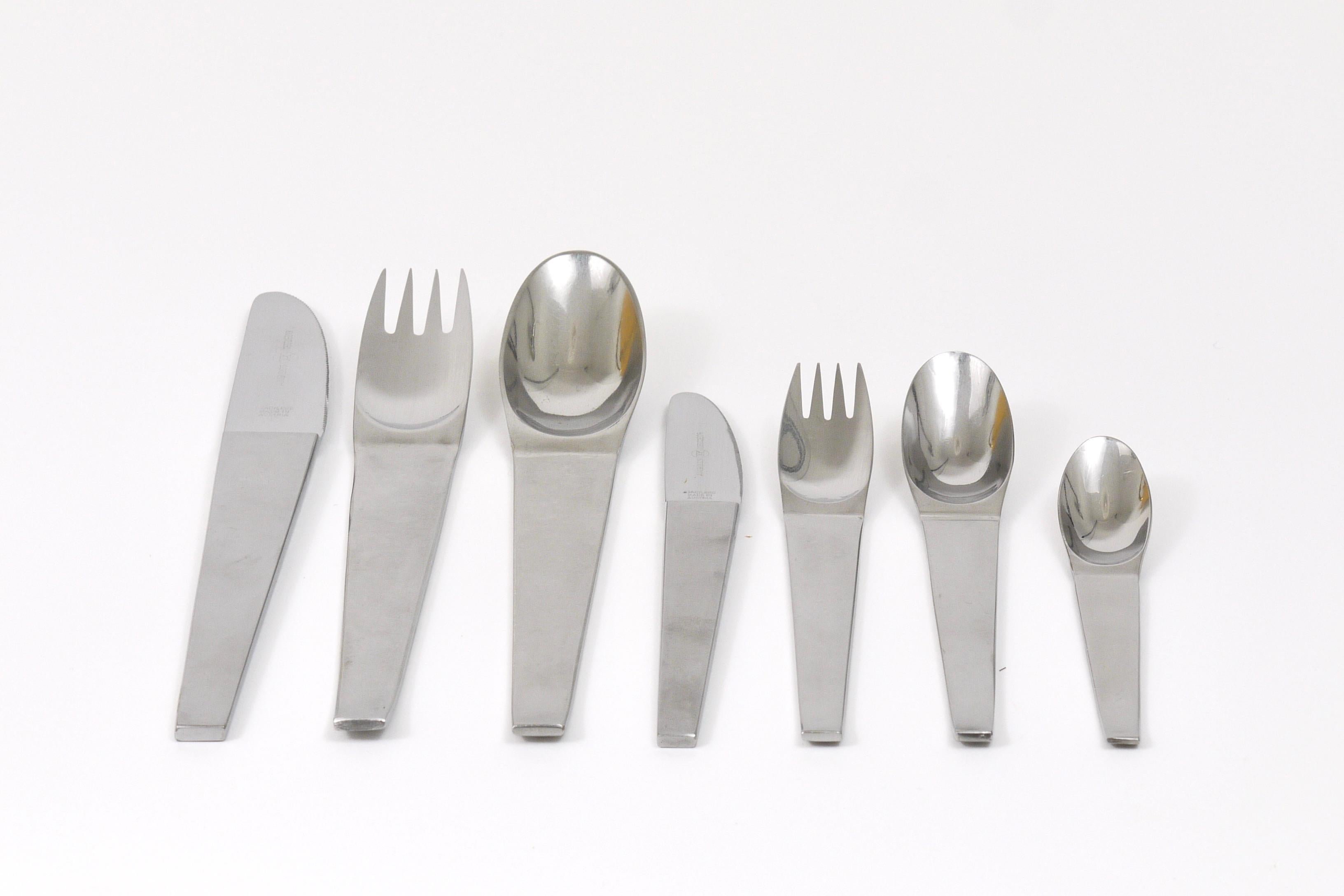 A comprehensive set of midcentury flatware from the 1950s, the award-winning model 2060, designed by Carl Aubock and executed by Amboss Neuzeug Austria. High-quality cutlery, made of brushed and partly polished 18/8 stainless steel. 42 pieces for
