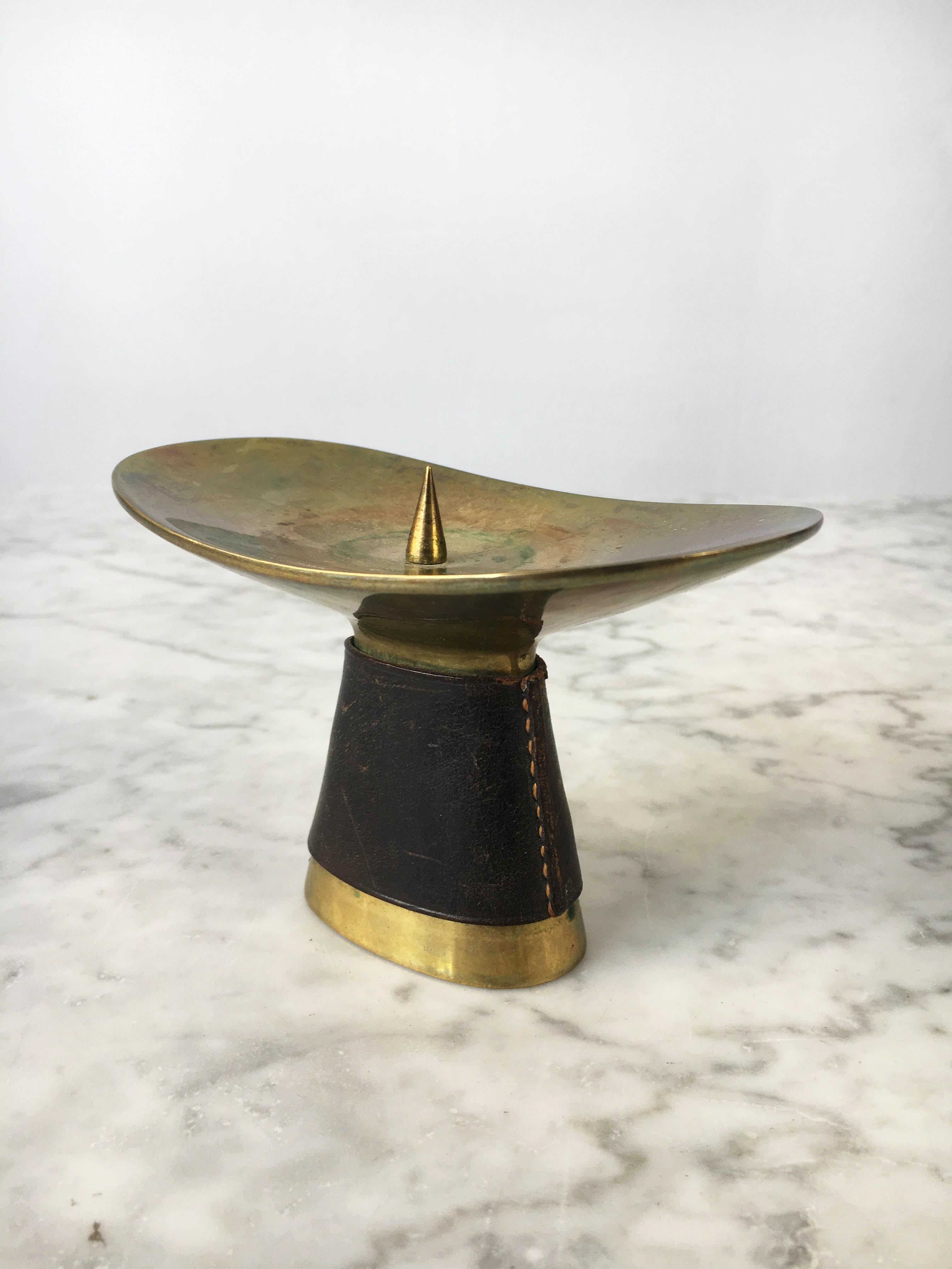 Carl Auböck II Vintage Brass Leather Boundd Candleholder Model '3469', Austria 1950s. Fantastic sculpted vintage candle holder with lovely patina from the 1950s. Signed: Auböck