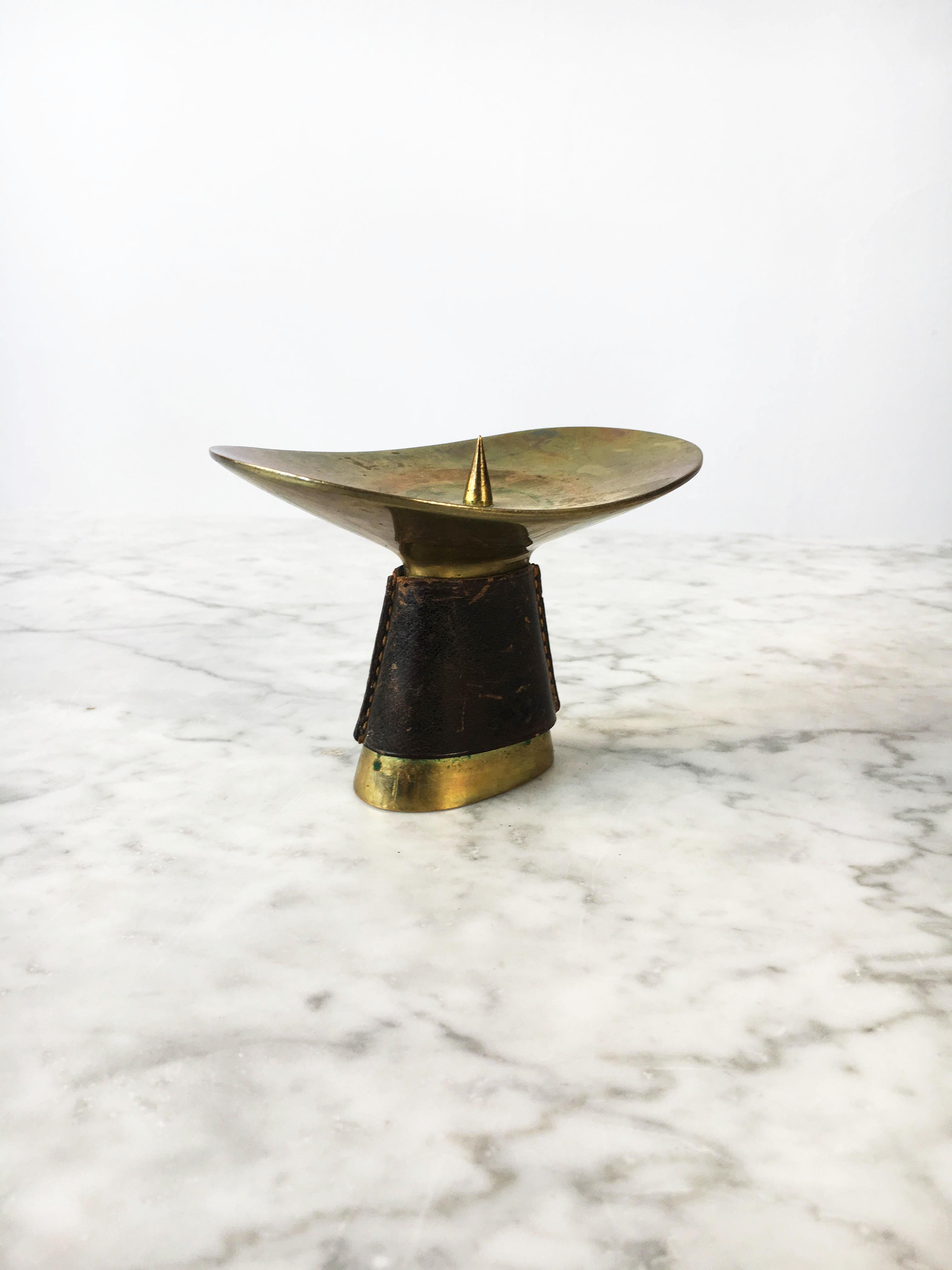 Mid-Century Modern Carl Auböck II Brass Leather Bound Candleholder Model '3469', Austria 1950s