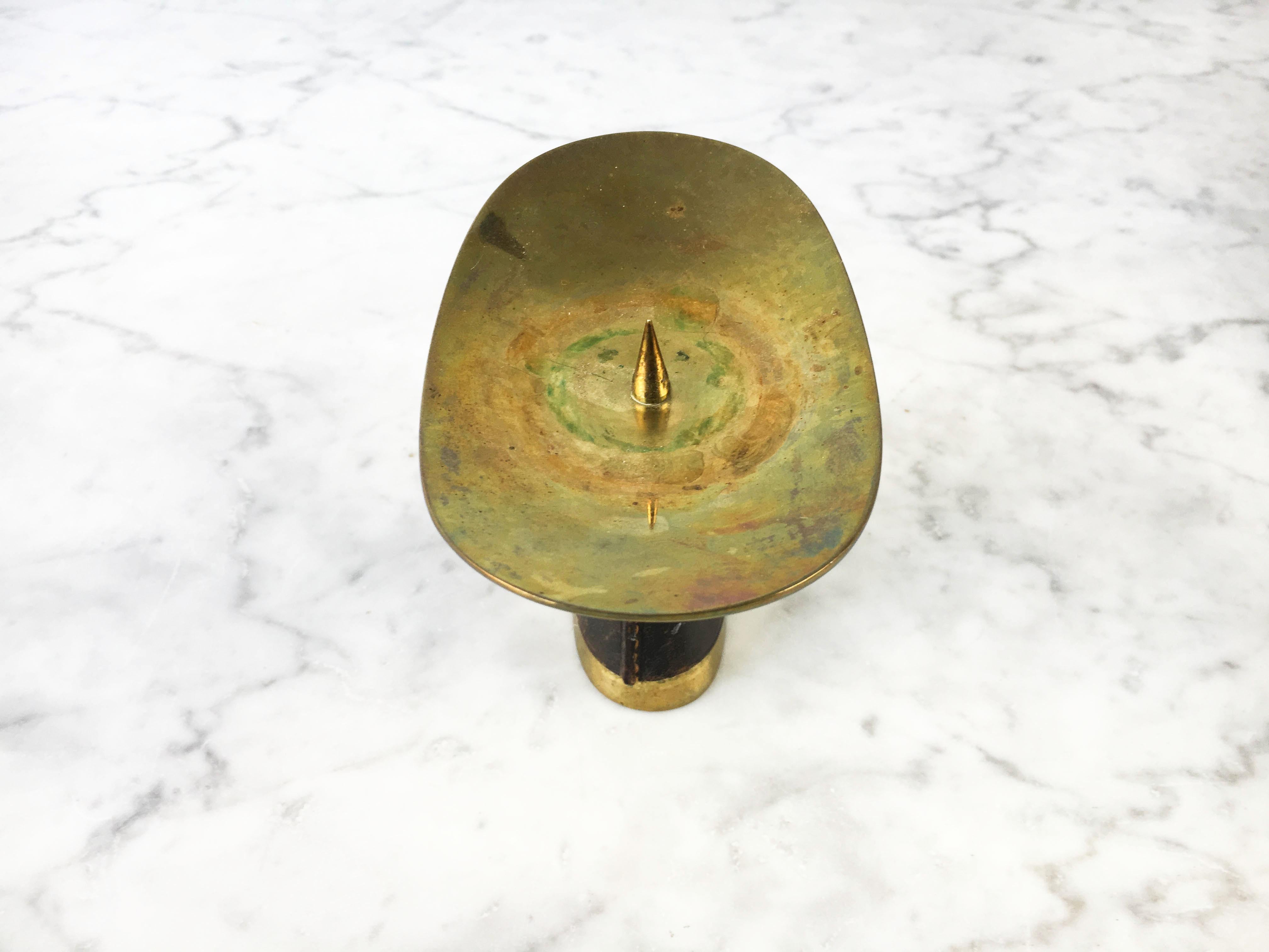 Carl Auböck II Brass Leather Bound Candleholder Model '3469', Austria 1950s 1