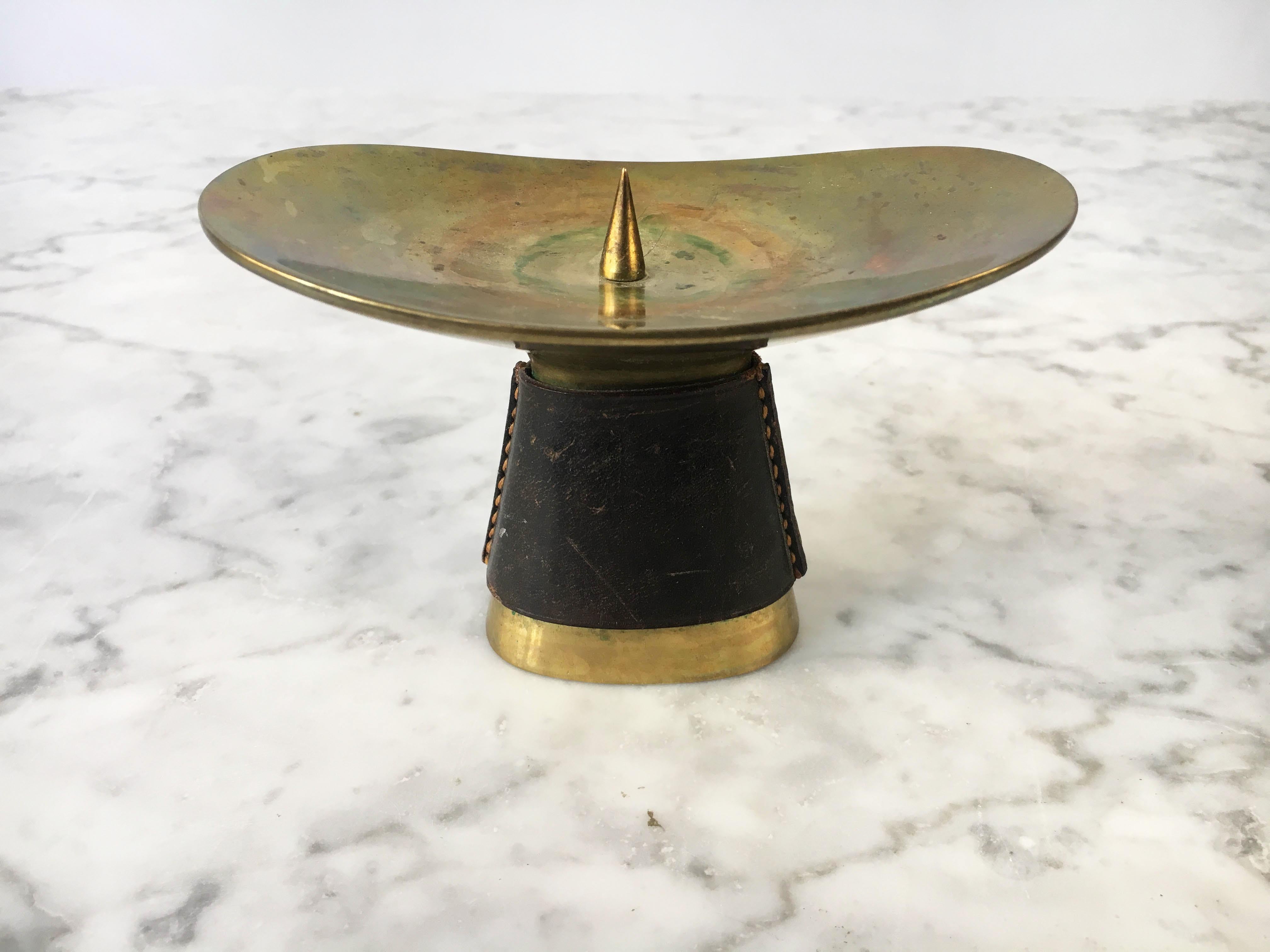 Carl Auböck II Brass Leather Bound Candleholder Model '3469', Austria 1950s 2