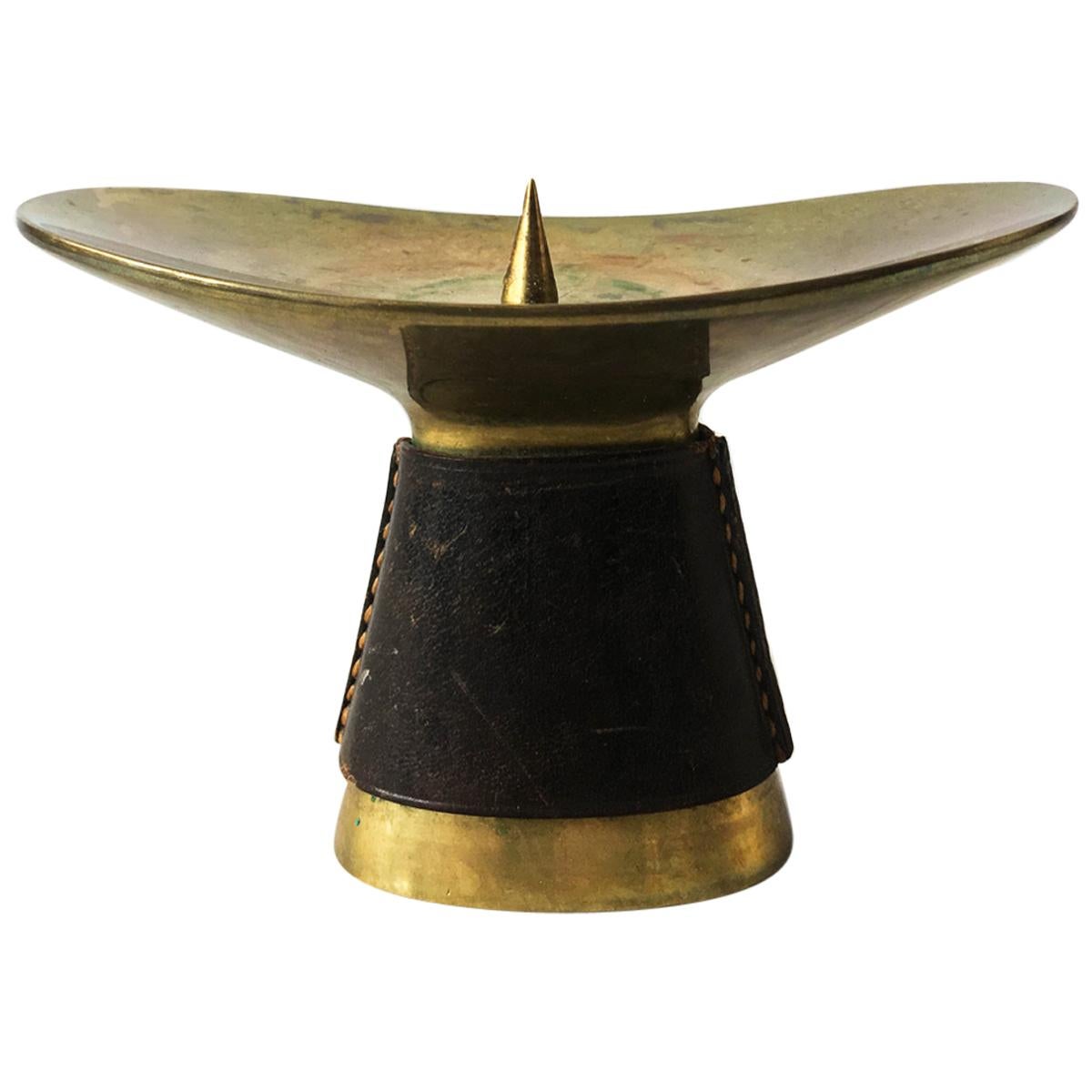 Carl Auböck II Brass Leather Bound Candleholder Model '3469', Austria 1950s
