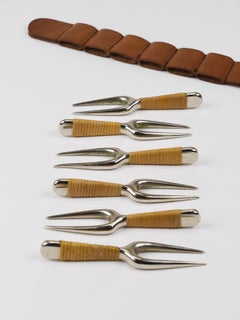 Carl Aubock 6 Forks with Leather Holder, Corn Cob Skewers #3679, Vienna, 1930s