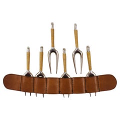 Carl Aubock 6 Forks with Leather Holder, Corn Cob Skewers #3679, Vienna, 1930s