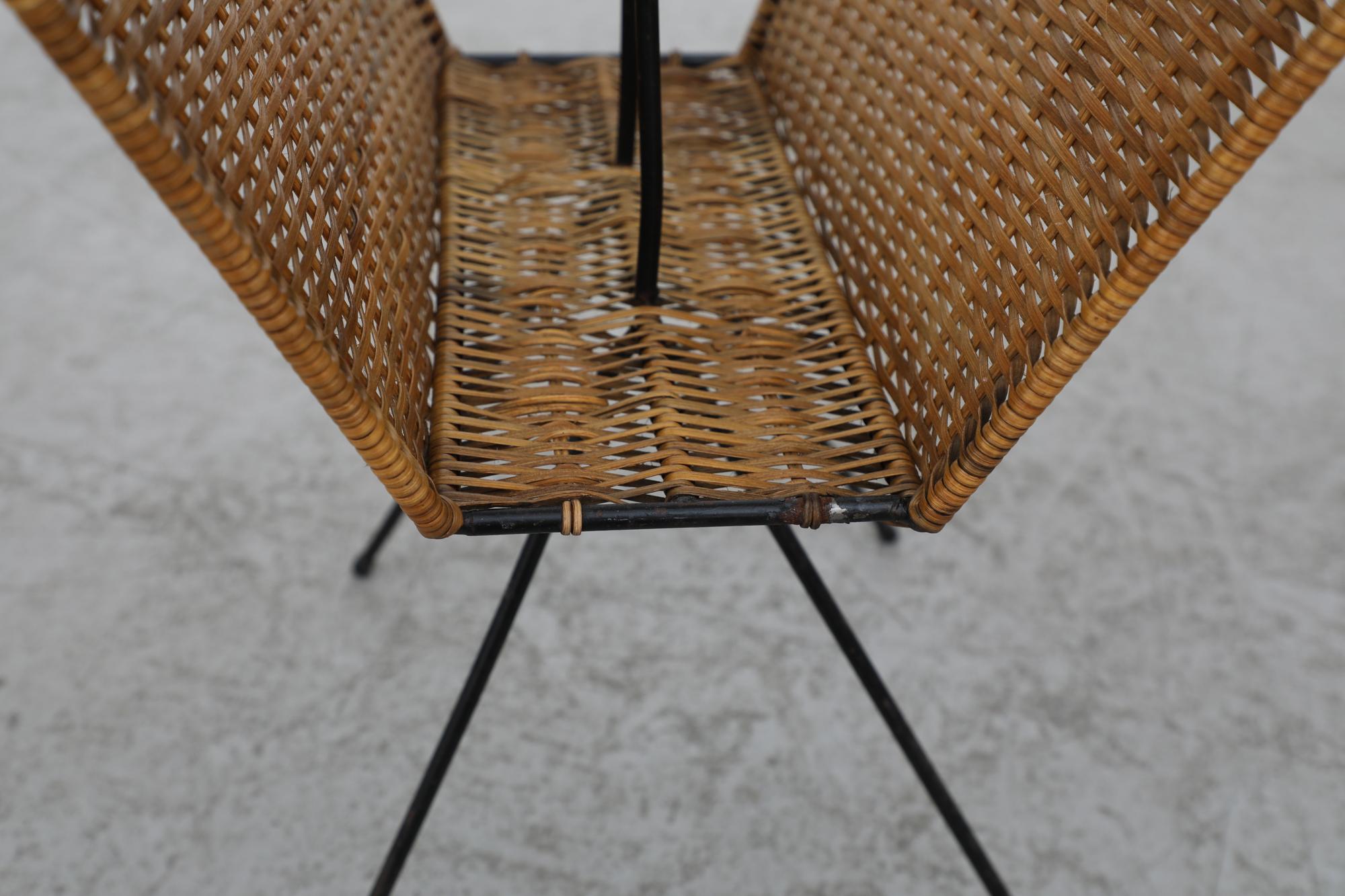 Carl Aubock & Jean Royère Inspired Rattan Magazine Stand w/ Black Legs & Handle For Sale 2