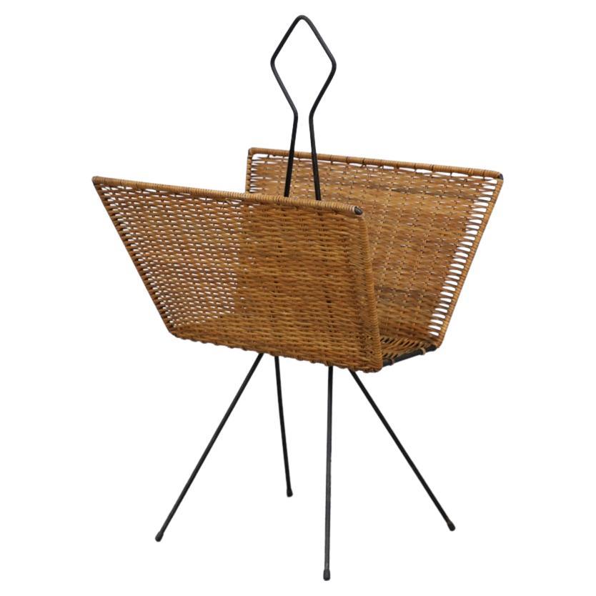 Carl Aubock & Jean Royère Inspired Rattan Magazine Stand w/ Black Legs & Handle