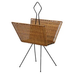 Used Carl Aubock & Jean Royère Inspired Rattan Magazine Stand w/ Black Legs & Handle