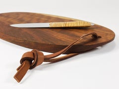 Carl Aubock Big Cutting Board with Amboss Knife, Wicker Handle, Walnut, Leather