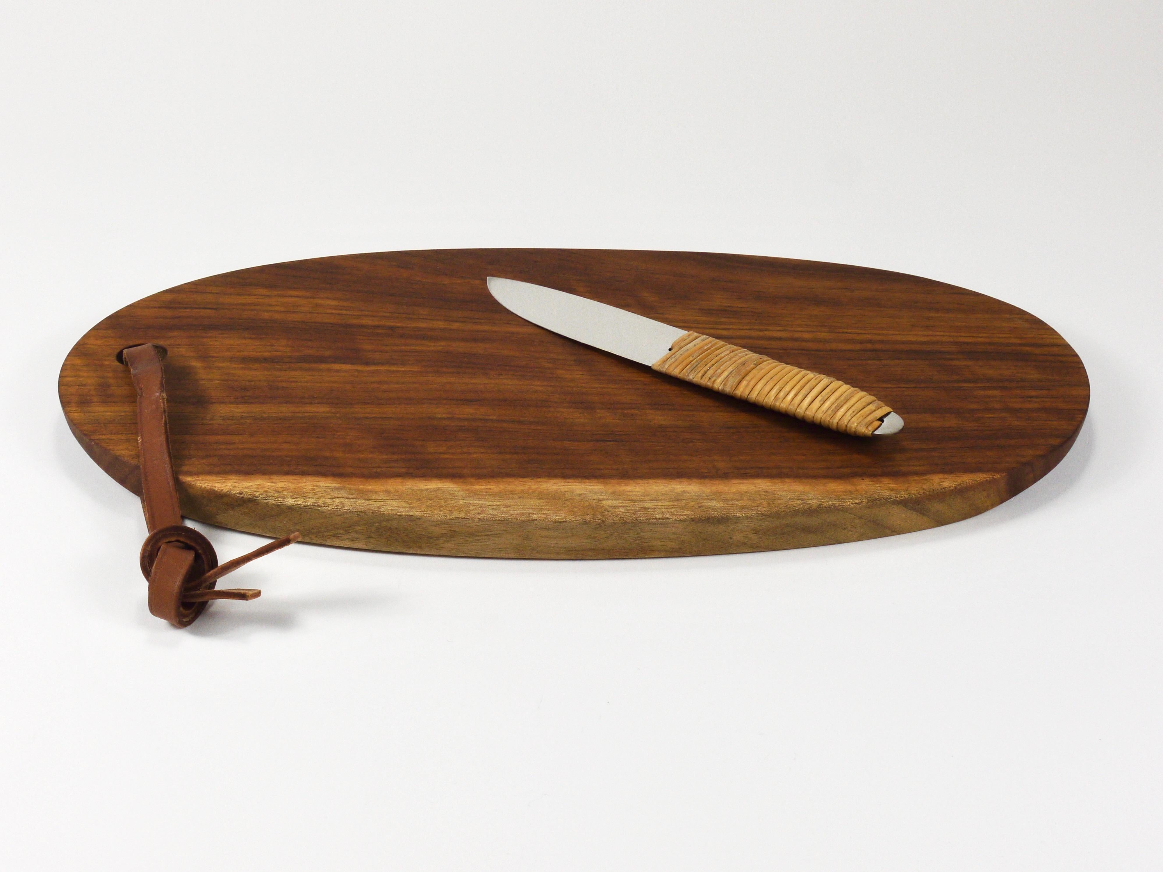 Mid-Century Modern Carl Aubock Big Cutting Board with Amboss Knife, Wicker Handle, Walnut, Leather For Sale