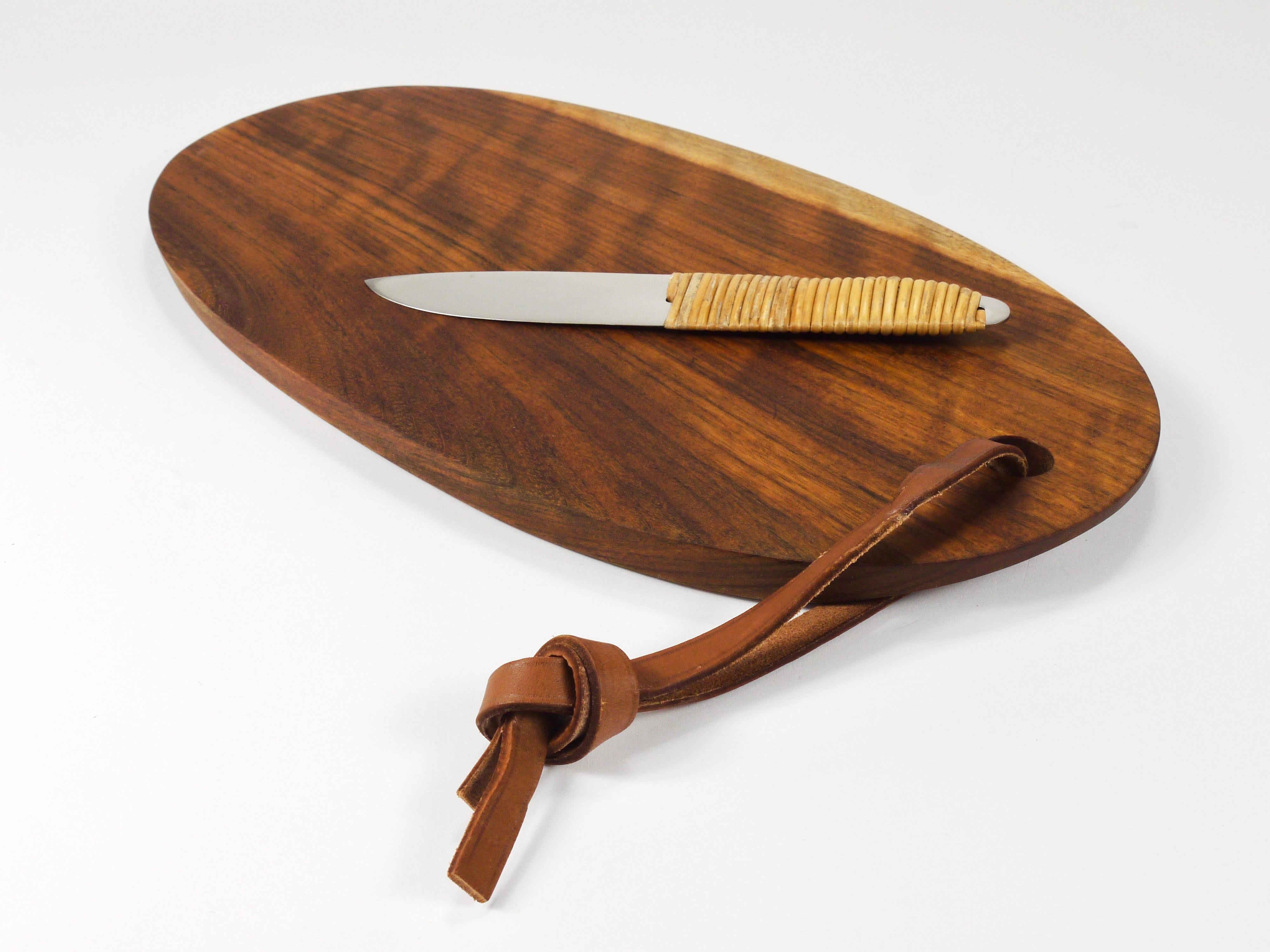 Austrian Carl Aubock Big Cutting Board with Amboss Knife, Wicker Handle, Walnut, Leather For Sale